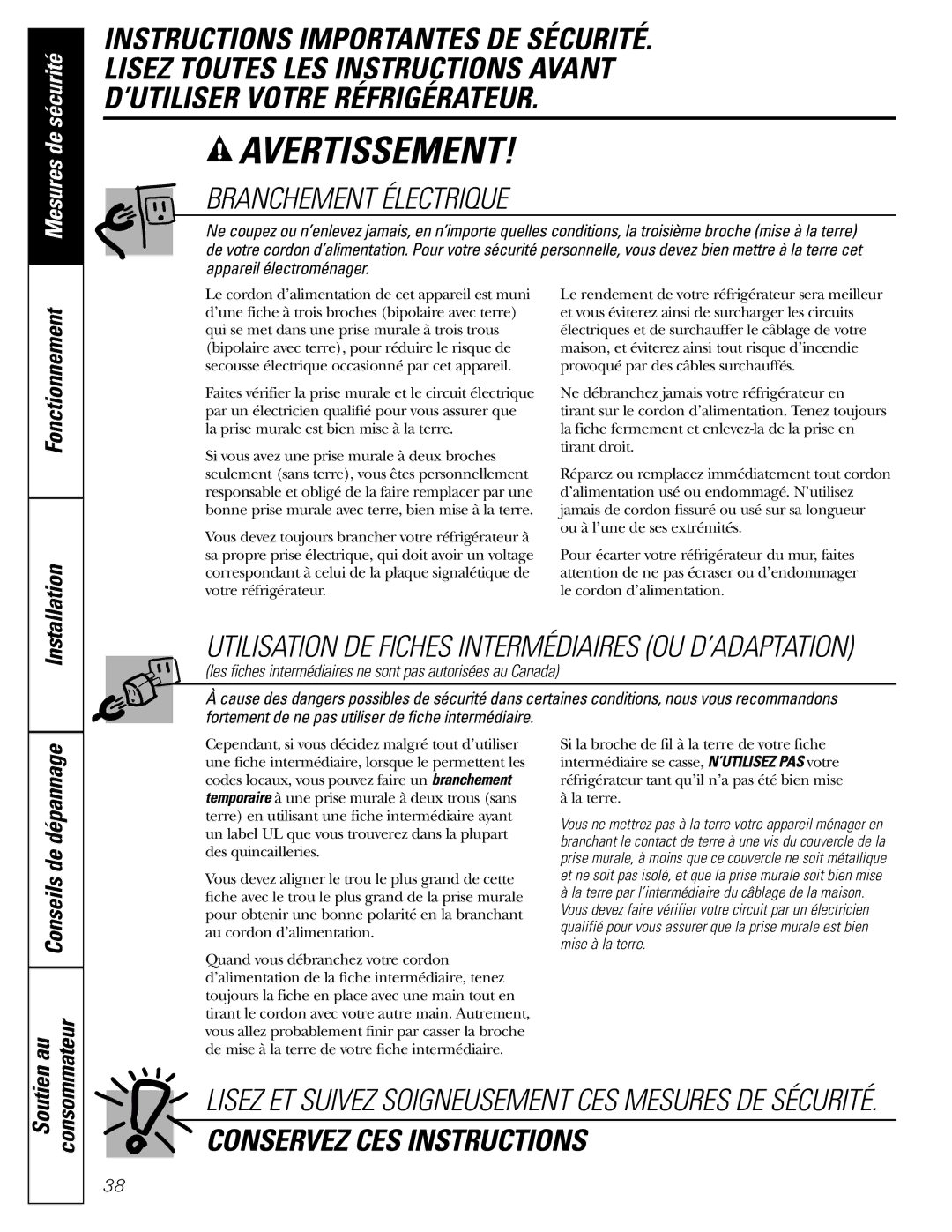 GE 18, 19 operating instructions Branchement Électrique, Conseils de dépannage 