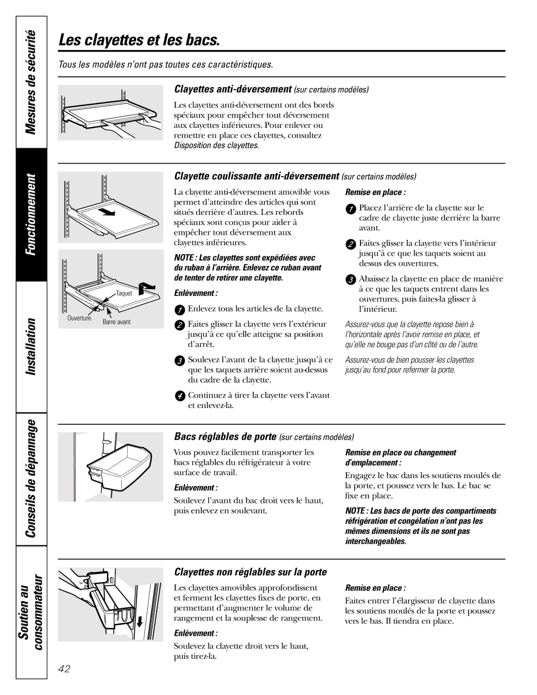 GE 18, 19 operating instructions Conseils de, Soutien au Consommateur, Clayettes anti-déversement sur certains modèles 