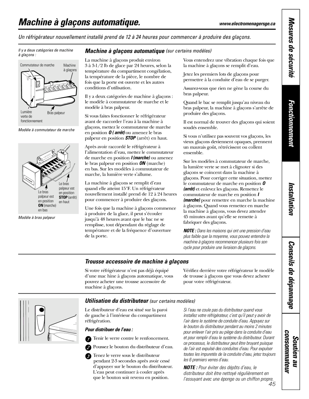 GE 18, 19 Machine à glaçons automatique, Consommateur Soutien au, De dépannage, Trousse accessoire de machine à glaçons 