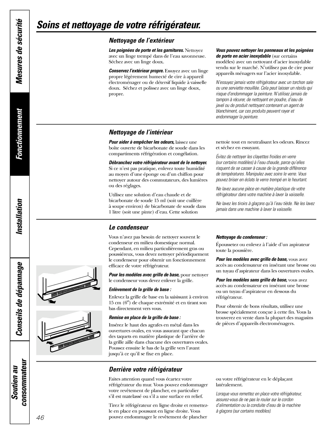 GE 18, 19 operating instructions Soins et nettoyage de votre réfrigérateur, Consommateur 