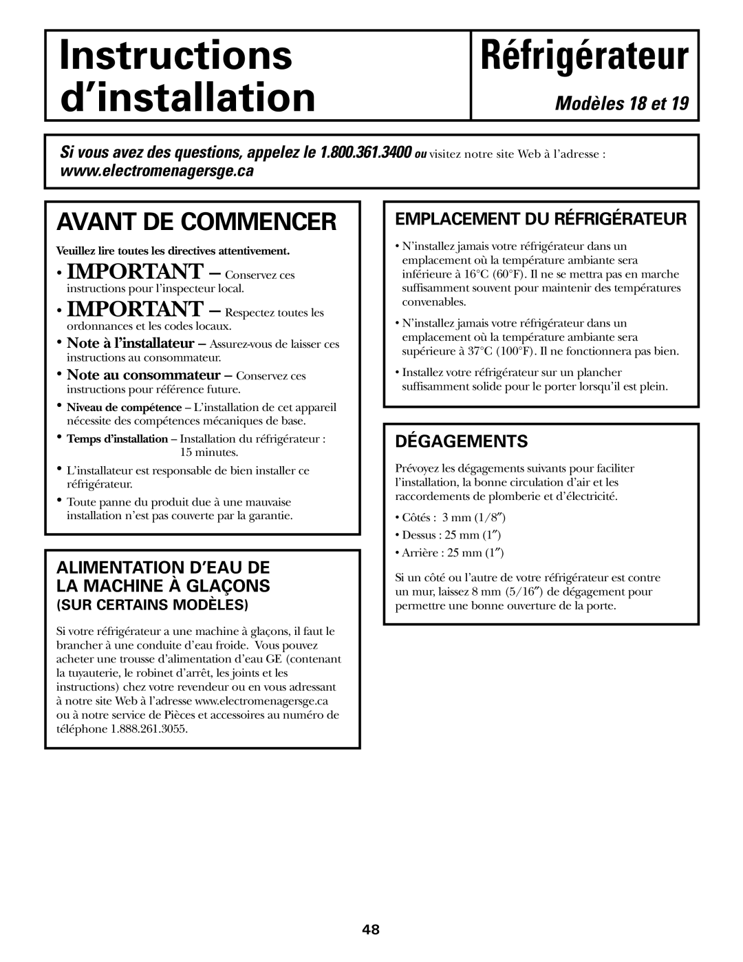 GE 18, 19 Avant DE Commencer, Alimentation D’EAU DE LA Machine À Glaçons, Emplacement DU Réfrigérateur, Dégagements 