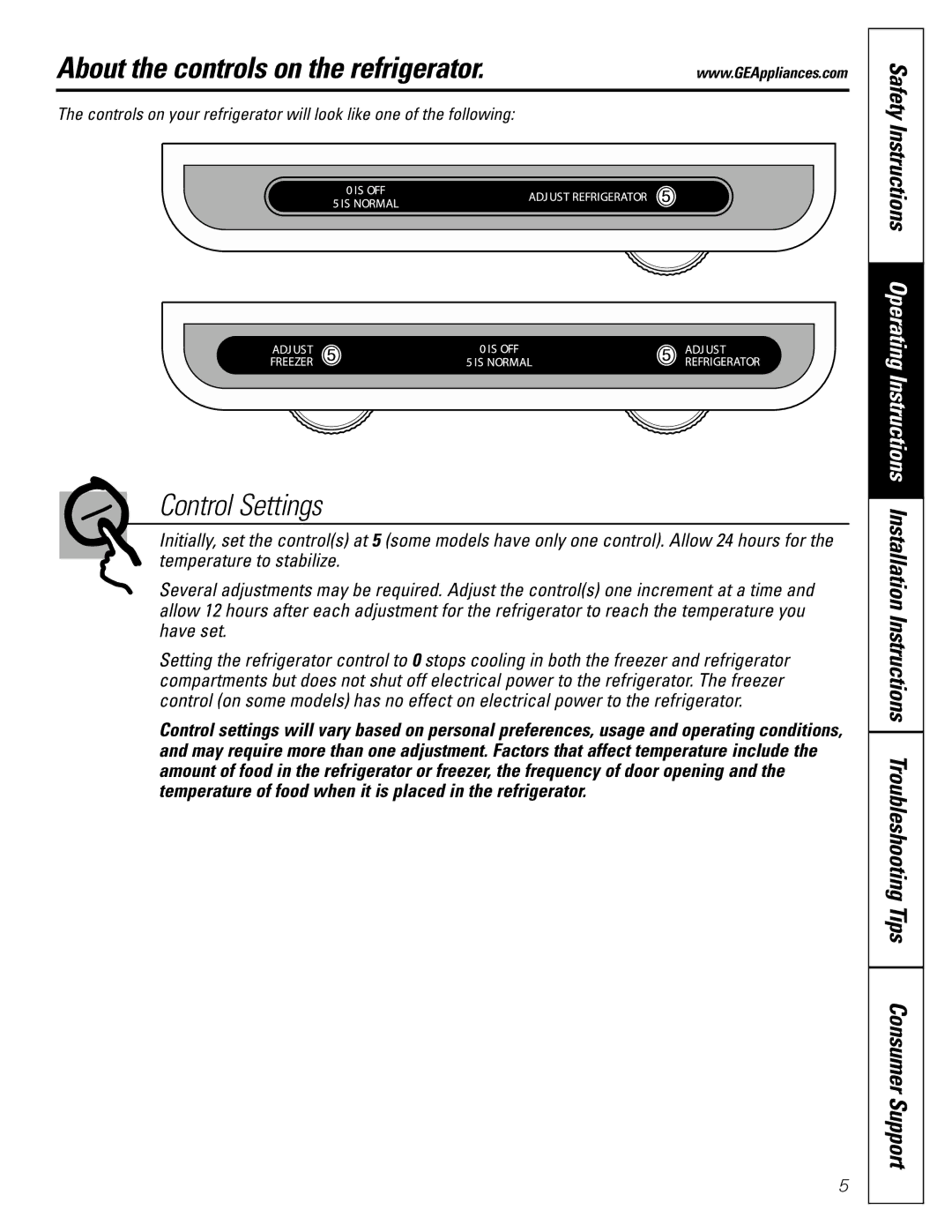 GE 18, 19 operating instructions About the controls on the refrigerator, Control Settings 