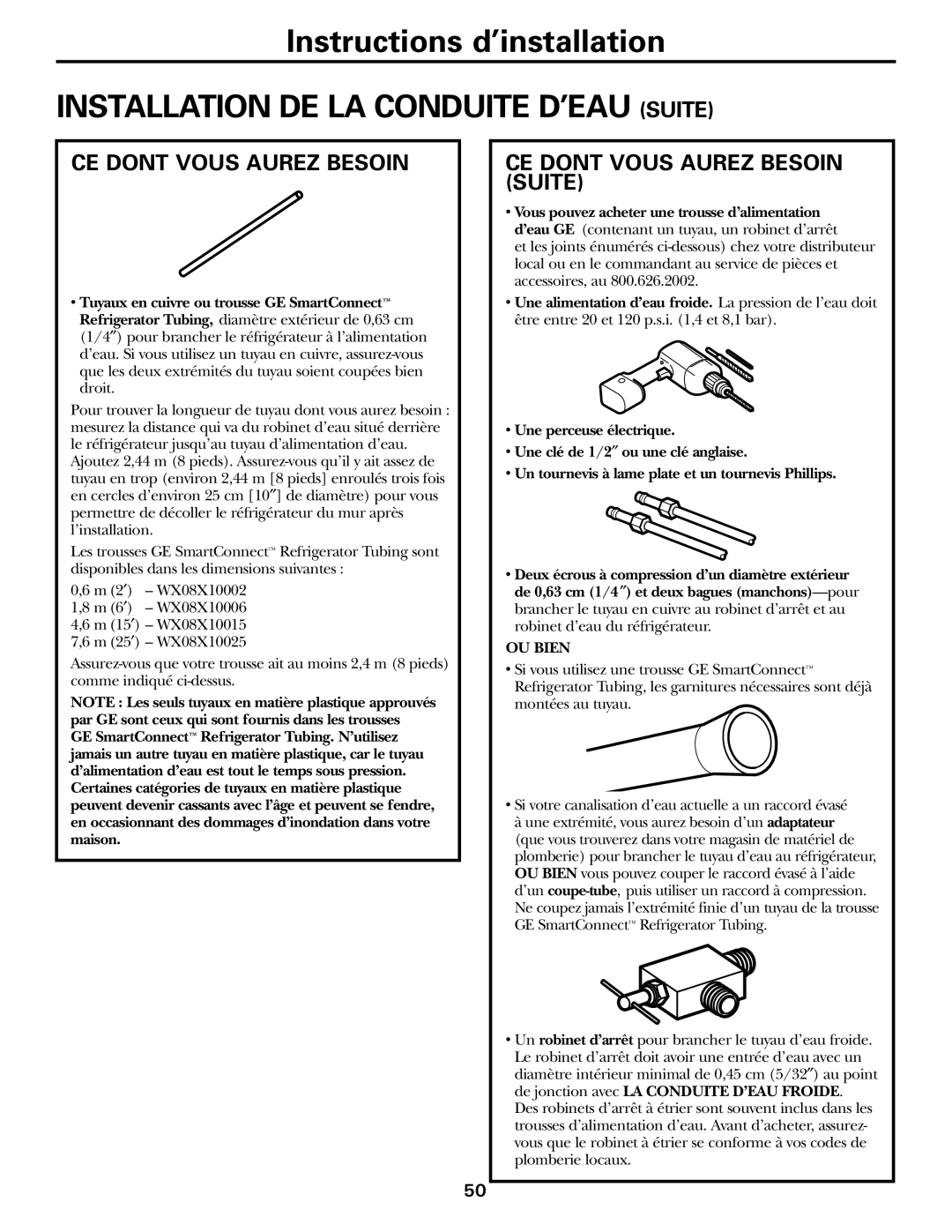 GE 18, 19 operating instructions Installation DE LA Conduite D’EAU Suite, CE Dont Vous Aurez Besoin Suite 