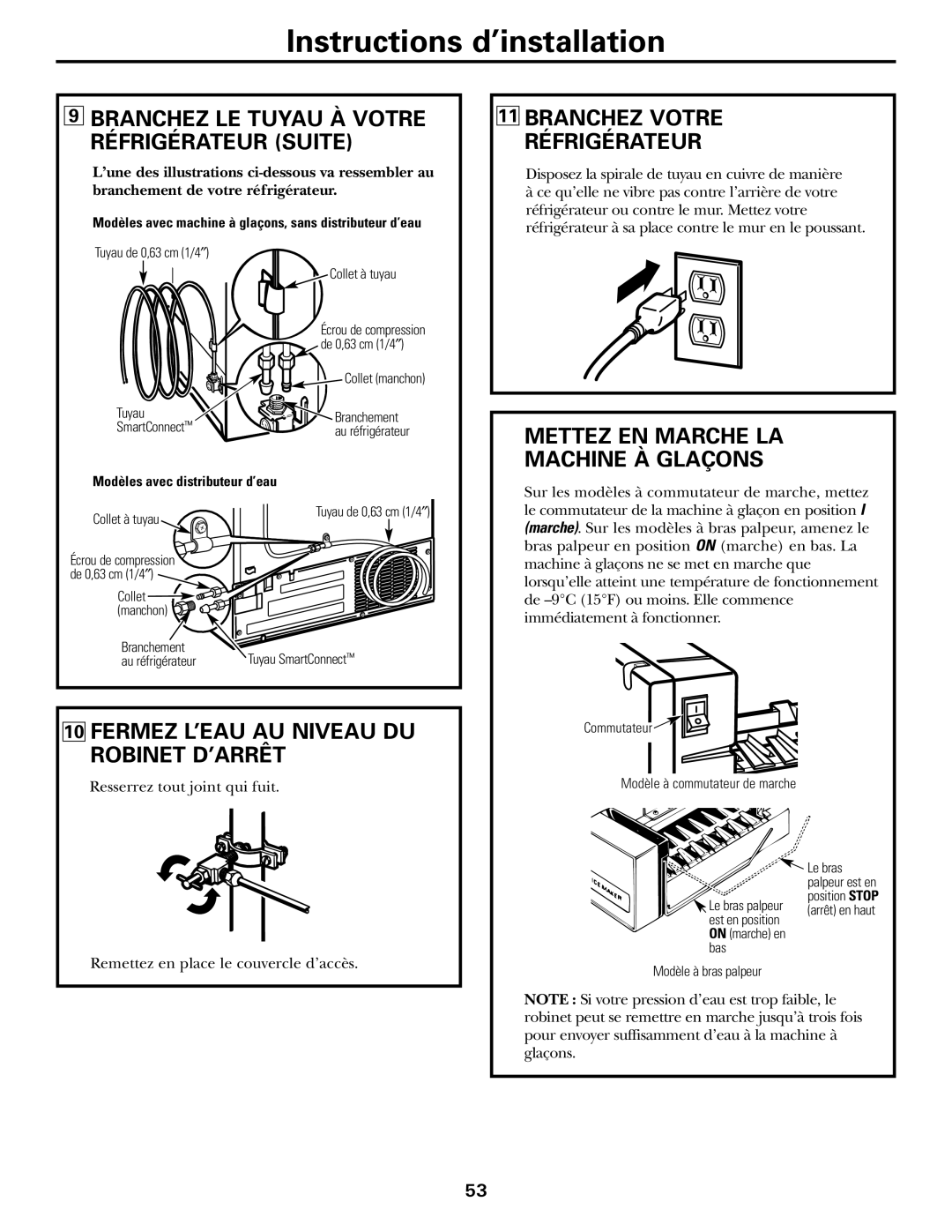 GE 18, 19 Branchez Votre Réfrigérateur, Mettez EN Marche LA Machine À Glaçons, Fermez L’EAU AU Niveau DU Robinet D’ARRÊT 