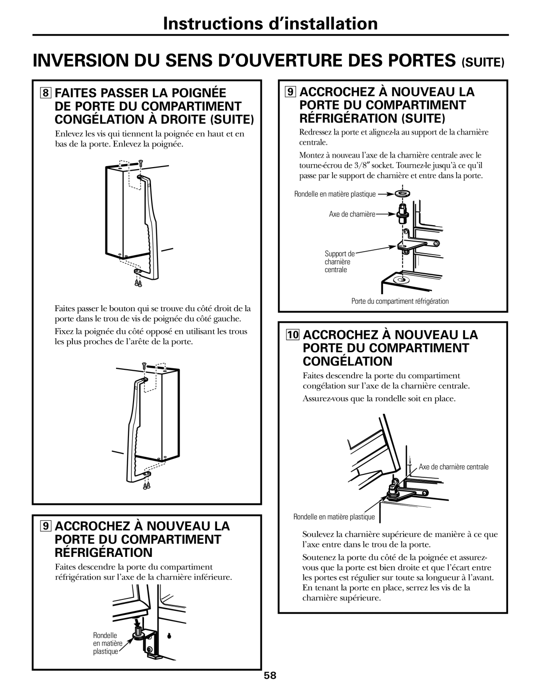 GE 18, 19 operating instructions Congélation À Droite Suite, Accrochez À Nouveau LA Porte DU Compartiment Réfrigération 