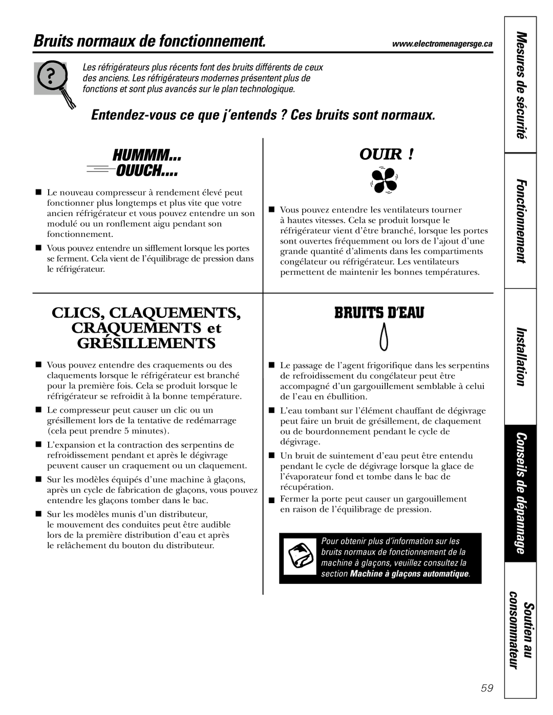 GE 18, 19 operating instructions Bruits normaux de fonctionnement, Ouuch 