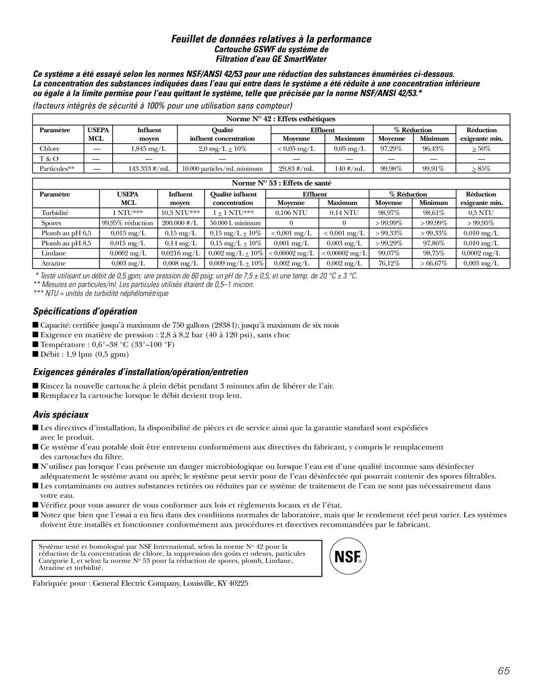 GE 18, 19 operating instructions Feuillet de données relatives à la performance, Spécifications d’opération, Avis spéciaux 