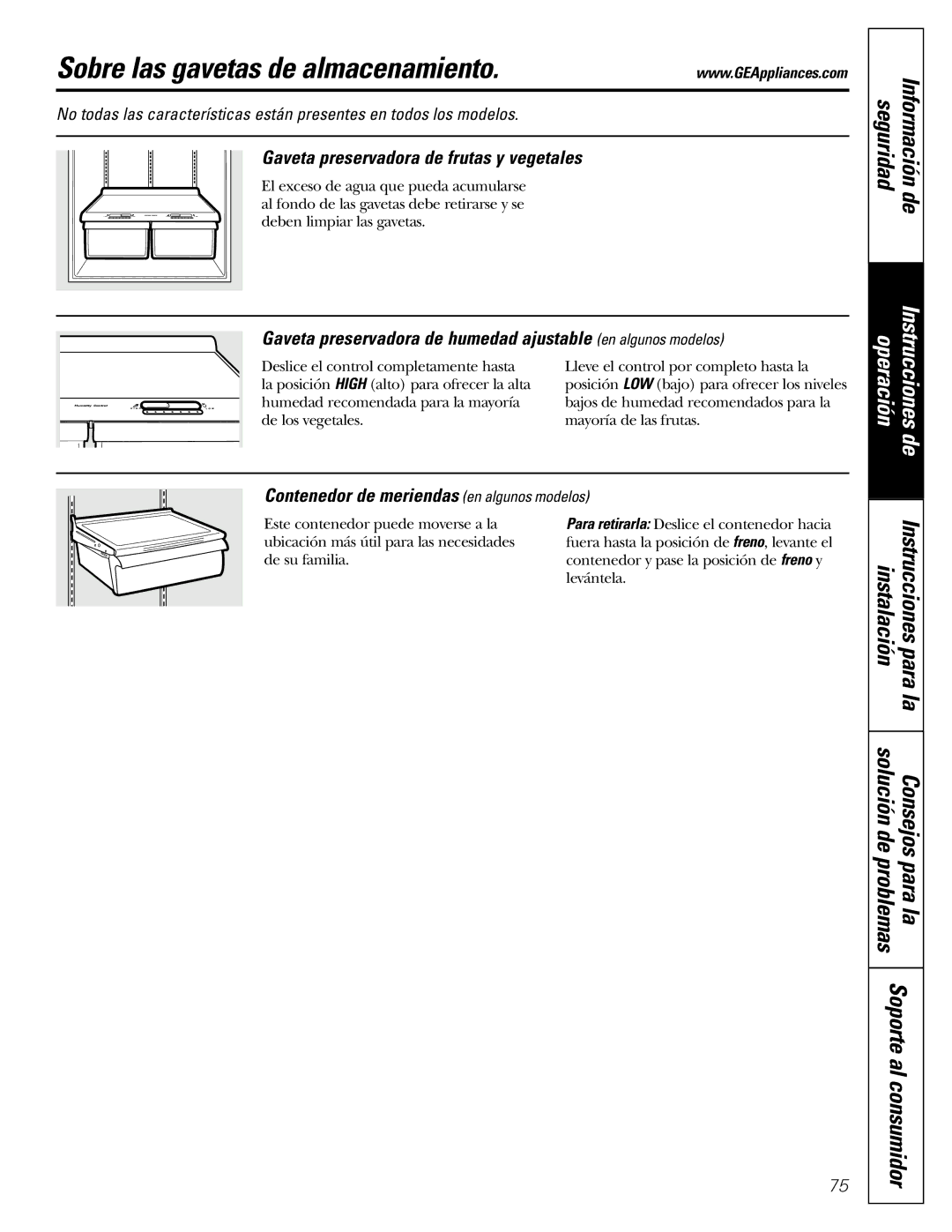 GE 18, 19 operating instructions Sobre las gavetas de almacenamiento, Gaveta preservadora de frutas y vegetales 