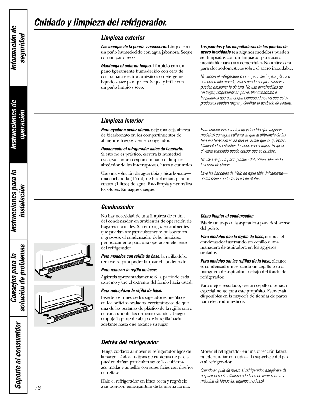 GE 18, 19 operating instructions Cuidado y limpieza del refrigerador, Instrucciones Para la Problemas, Información de 