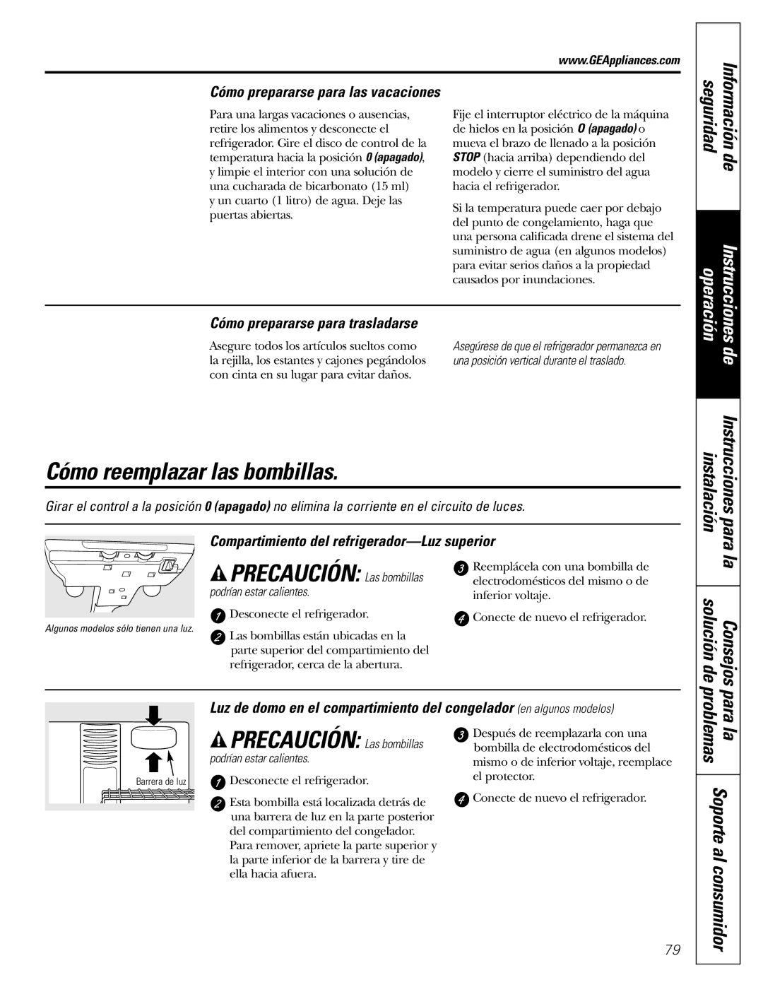 GE 18, 19 operating instructions Cómo reemplazar las bombillas, Consejos solución de, Para problemas 