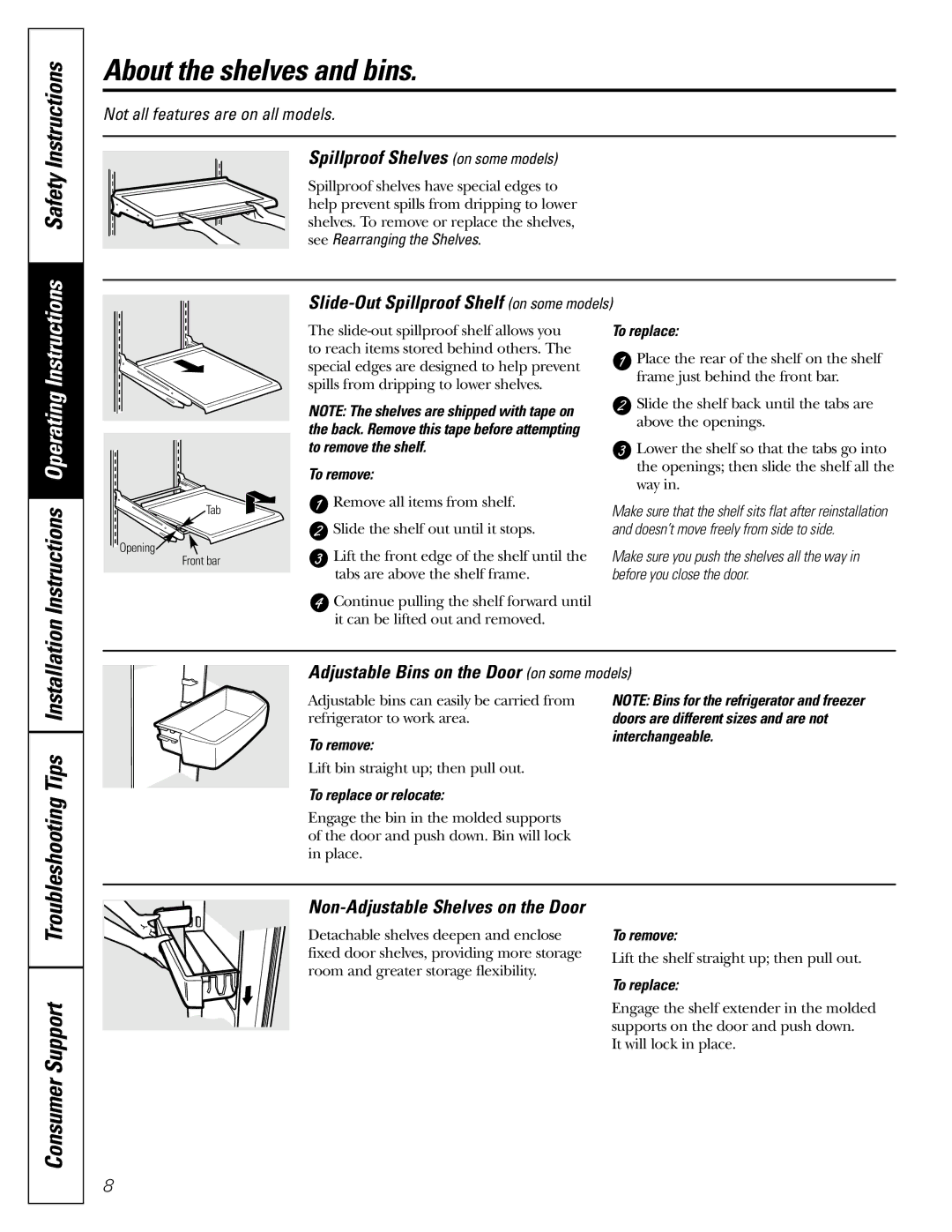 GE 18, 19 operating instructions Safety Instructions, Troubleshooting Tips, Spillproof Shelves on some models 