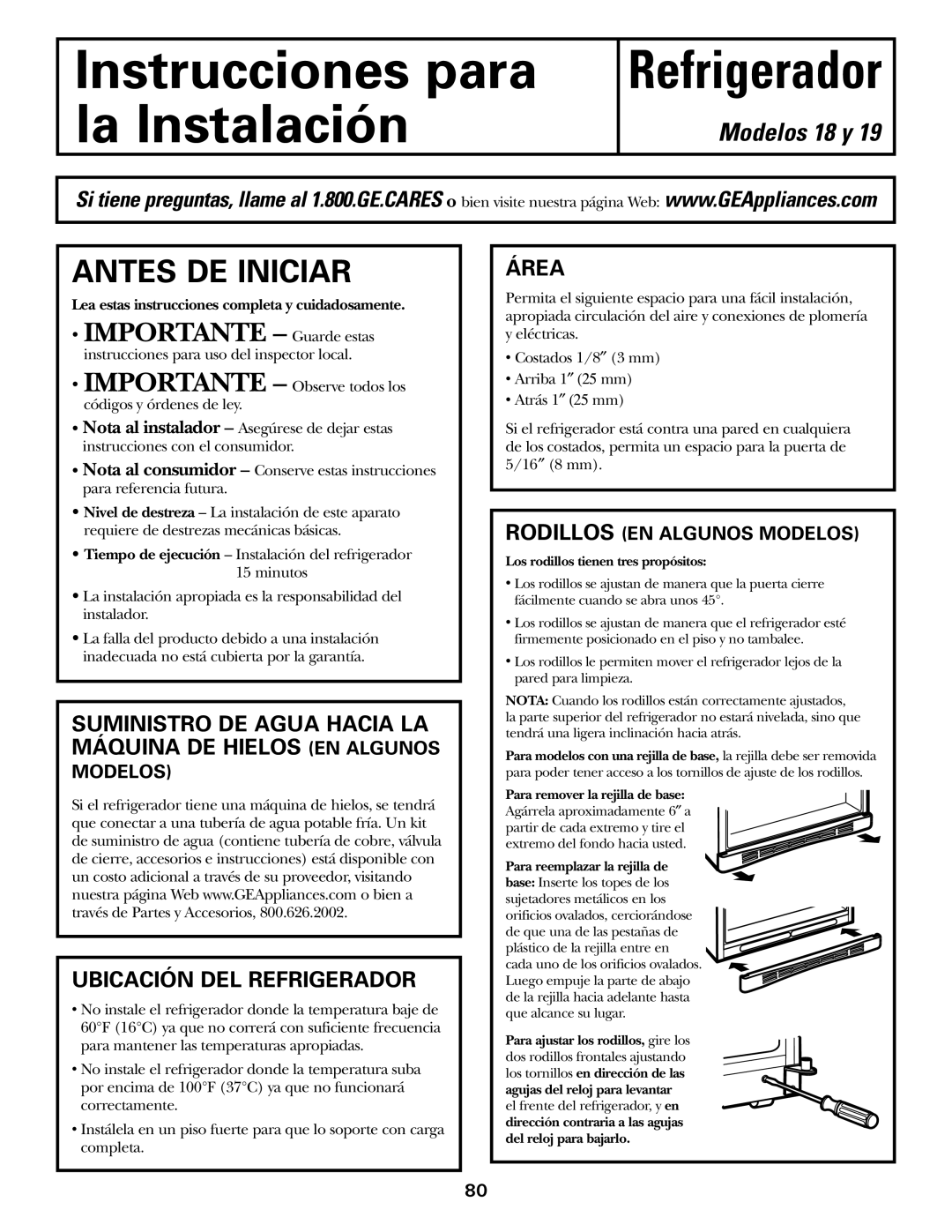 GE 18, 19 Antes DE Iniciar, Suministro DE Agua Hacia LA Máquina DE Hielos EN Algunos, Ubicación DEL Refrigerador, Área 