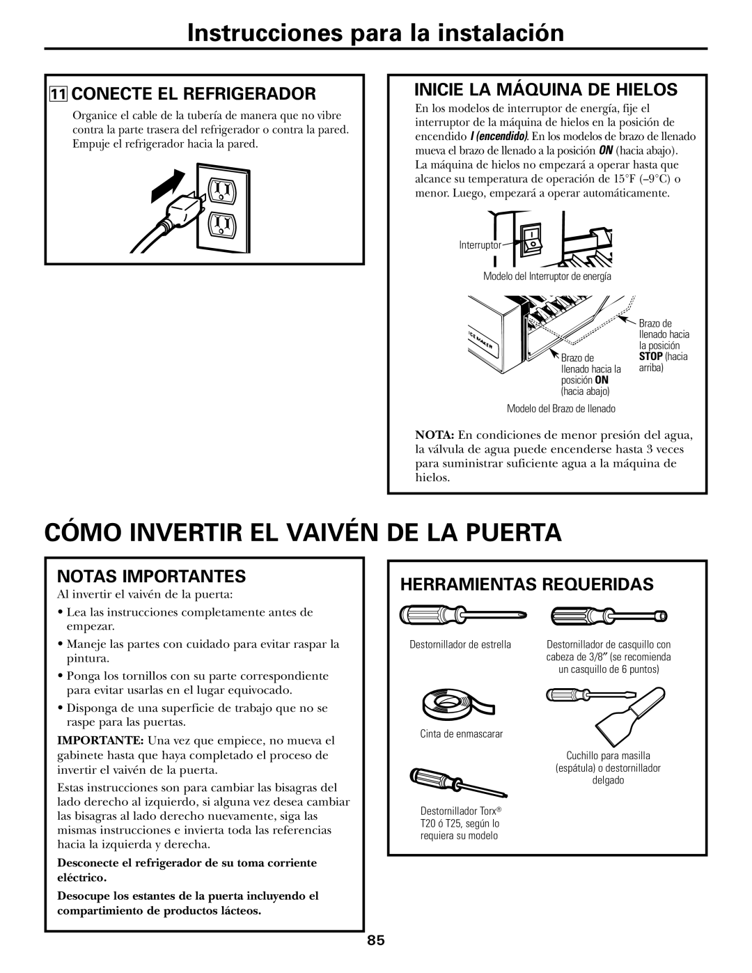 GE 18, 19 Cómo Invertir EL Vaivén DE LA Puerta, Conecte EL Refrigerador, Inicie LA Máquina DE Hielos, Notas Importantes 