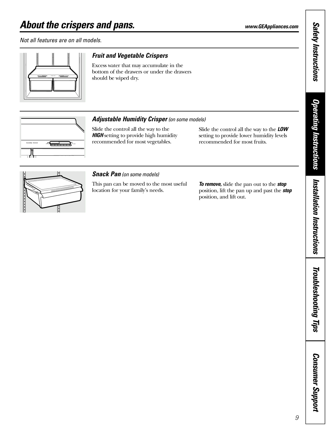 GE 18, 19 About the crispers and pans, Fruit and Vegetable Crispers, Adjustable Humidity Crisper on some models 