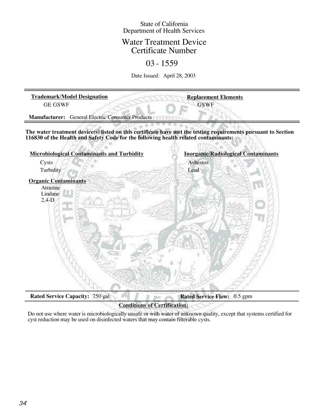 GE 18, 19 State of California, Department of Health Services, Water Treatment Device, Certificate Number 