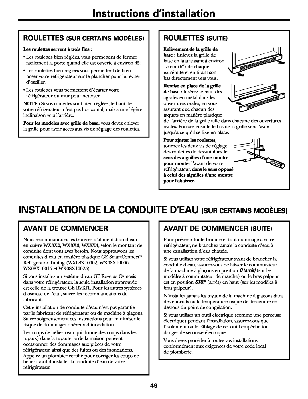 GE 18, 19 Instructions d’installation, Roulettes Suite, Avant De Commencer Suite, Roulettes Sur Certains Modèles 