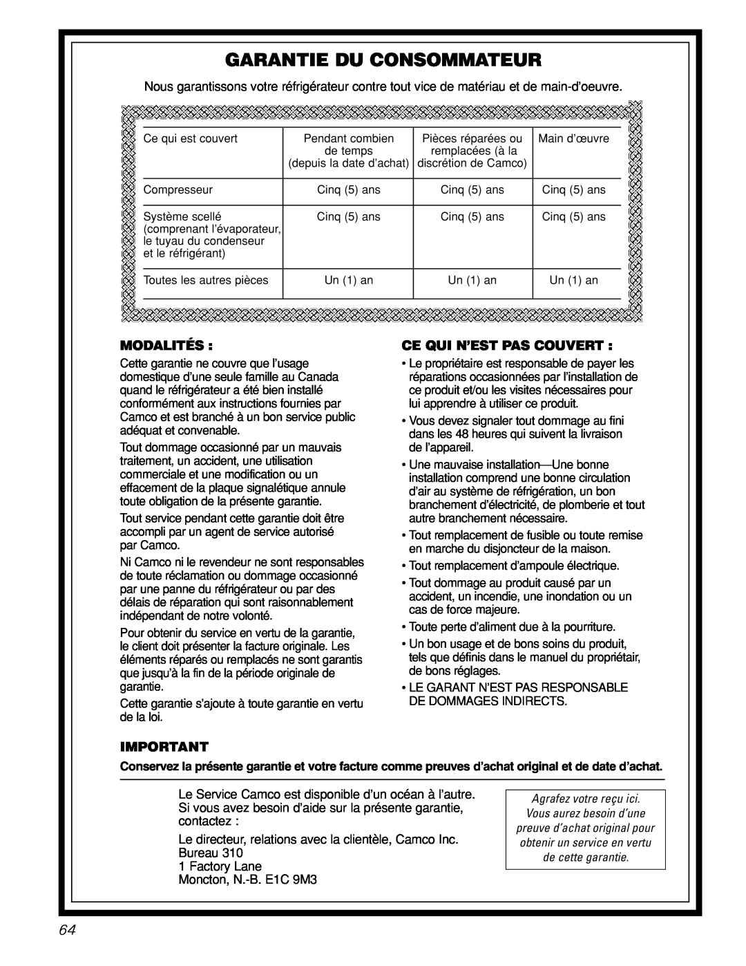 GE 18, 19 operating instructions Garantie Du Consommateur, Modalités, Ce Qui N’Est Pas Couvert 