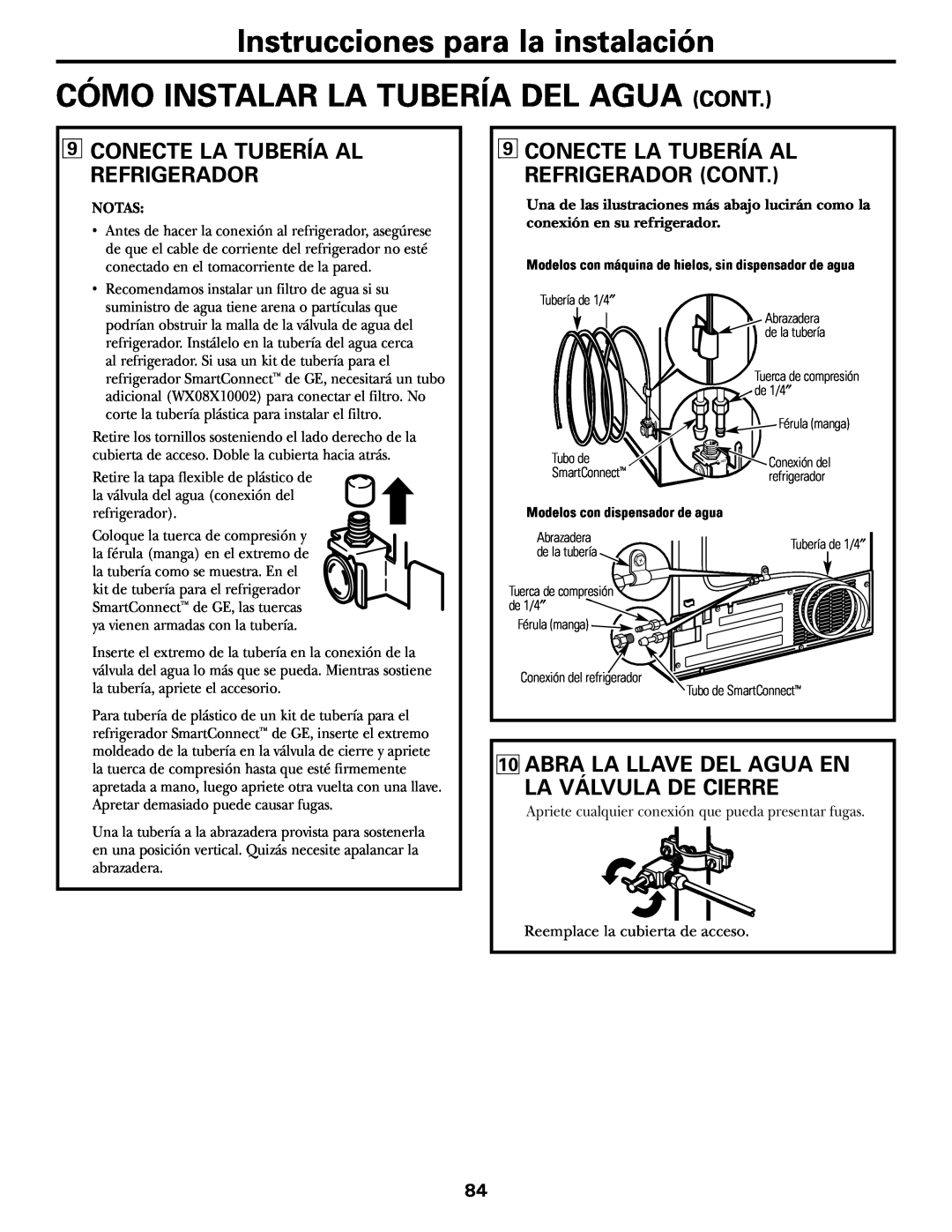GE 18, 19 operating instructions Conecte La Tubería Al Refrigerador, Abra La Llave Del Agua En La Válvula De Cierre 