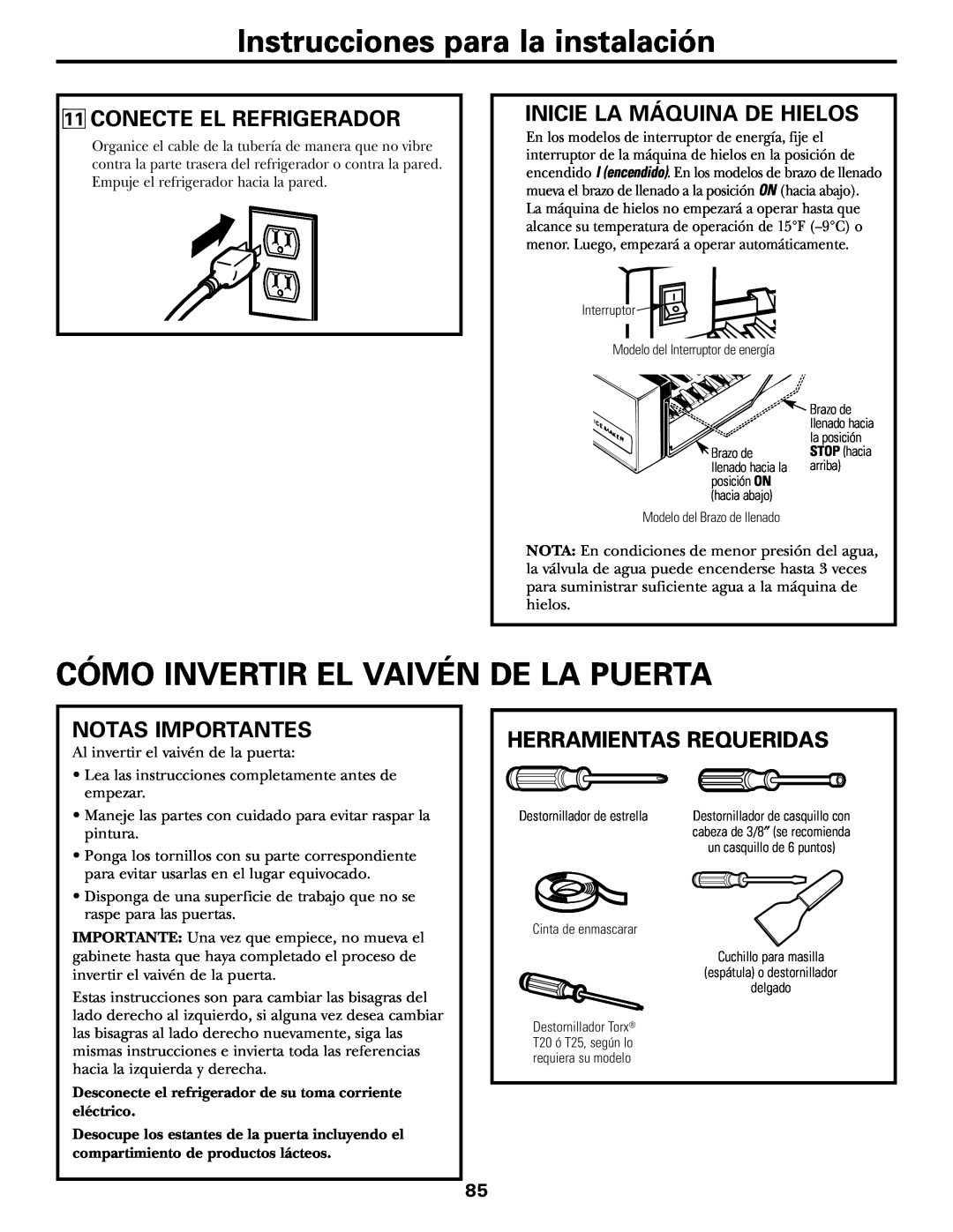 GE 18, 19 Cómo Invertir El Vaivén De La Puerta, Conecte El Refrigerador, Inicie La Máquina De Hielos, Notas Importantes 