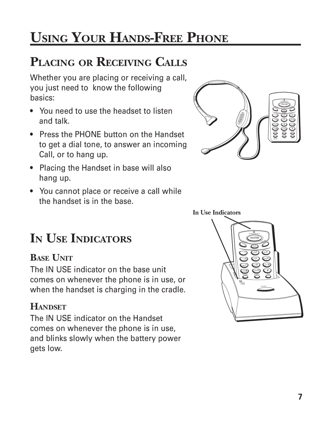 GE 17-Feb, 18-Feb manual Using Your HANDS-FREE Phone, Placing or Receiving Calls, USE Indicators 