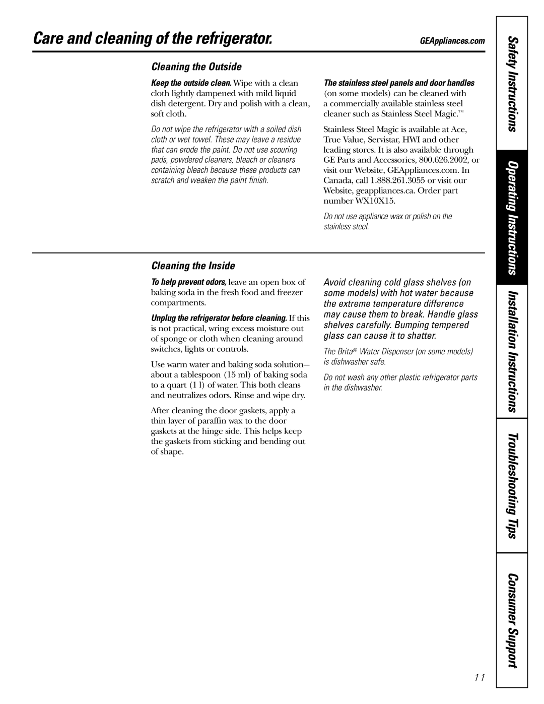 GE 18 installation instructions Care and cleaning of the refrigerator, Cleaning the Outside, Cleaning the Inside, Safety 