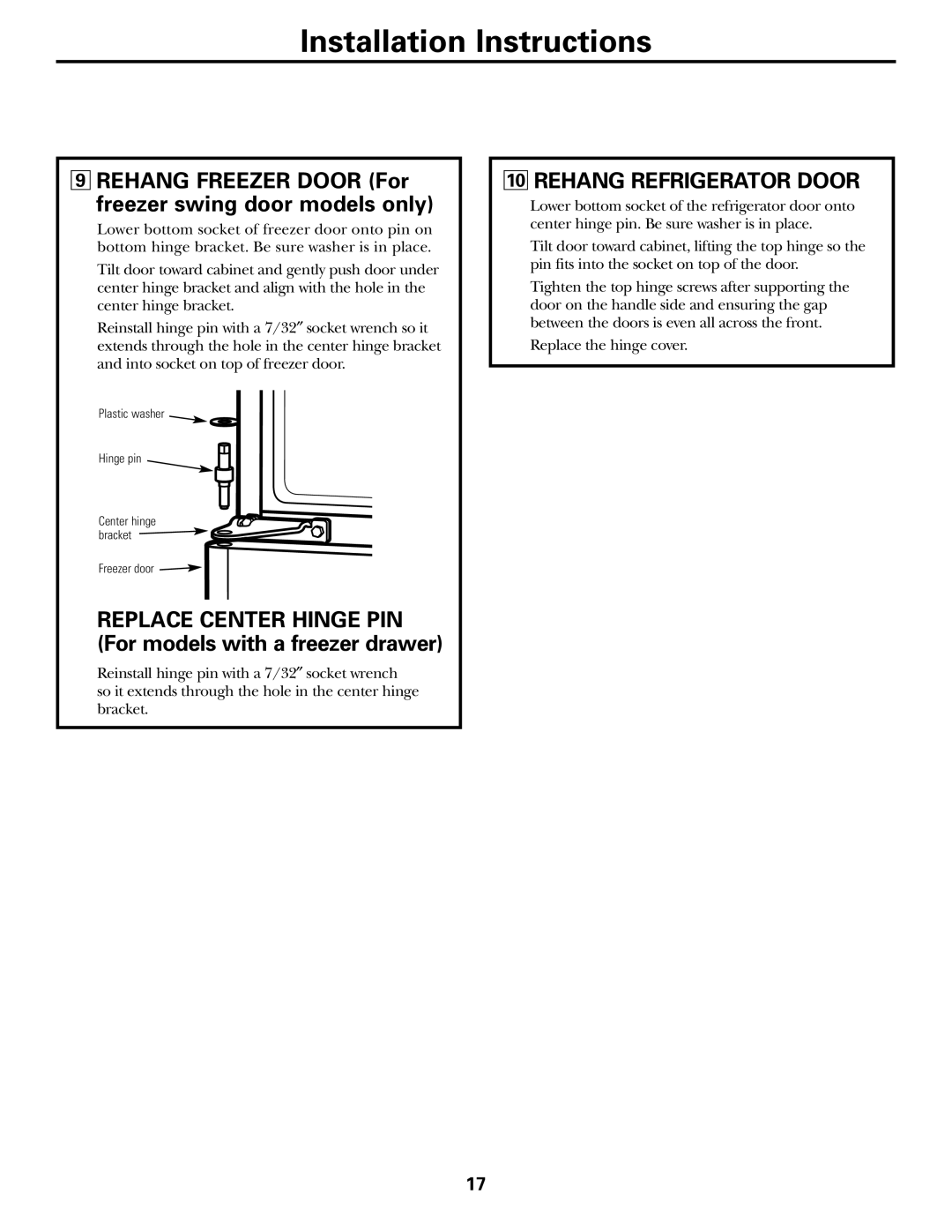 GE 18 installation instructions Rehang Freezer Door For Freezer swing door models only, Rehang Refrigerator Door 