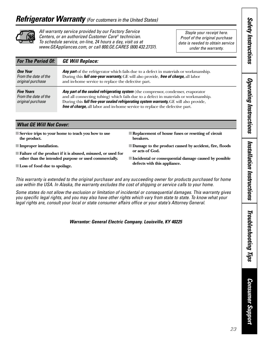 GE 18 Safety Instructions Operating Instructions, GE Will Replace, What GE Will Not Cover, For The Period, One Year 