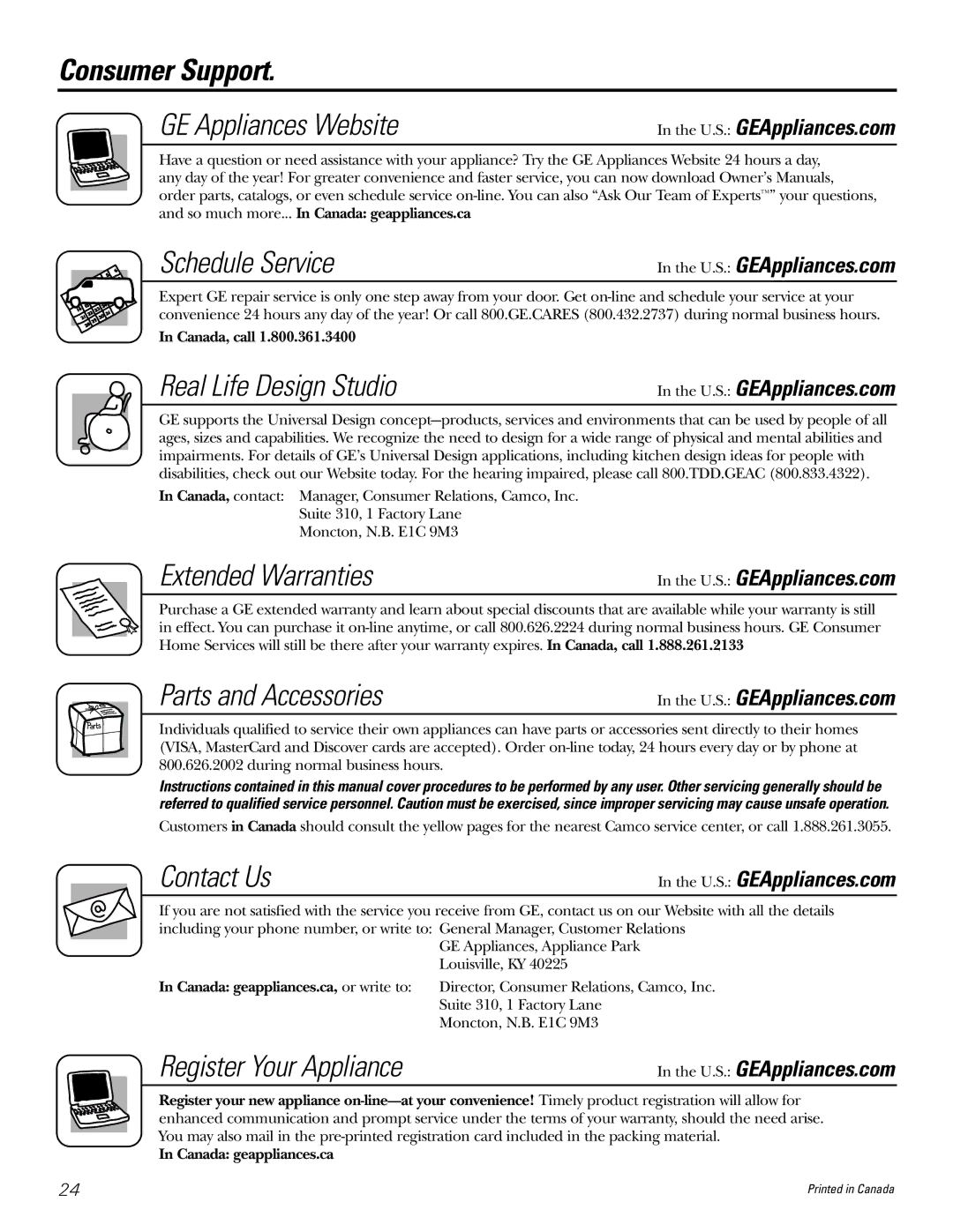 GE 18 installation instructions Consumer Support, U.S. GEAppliances.com 