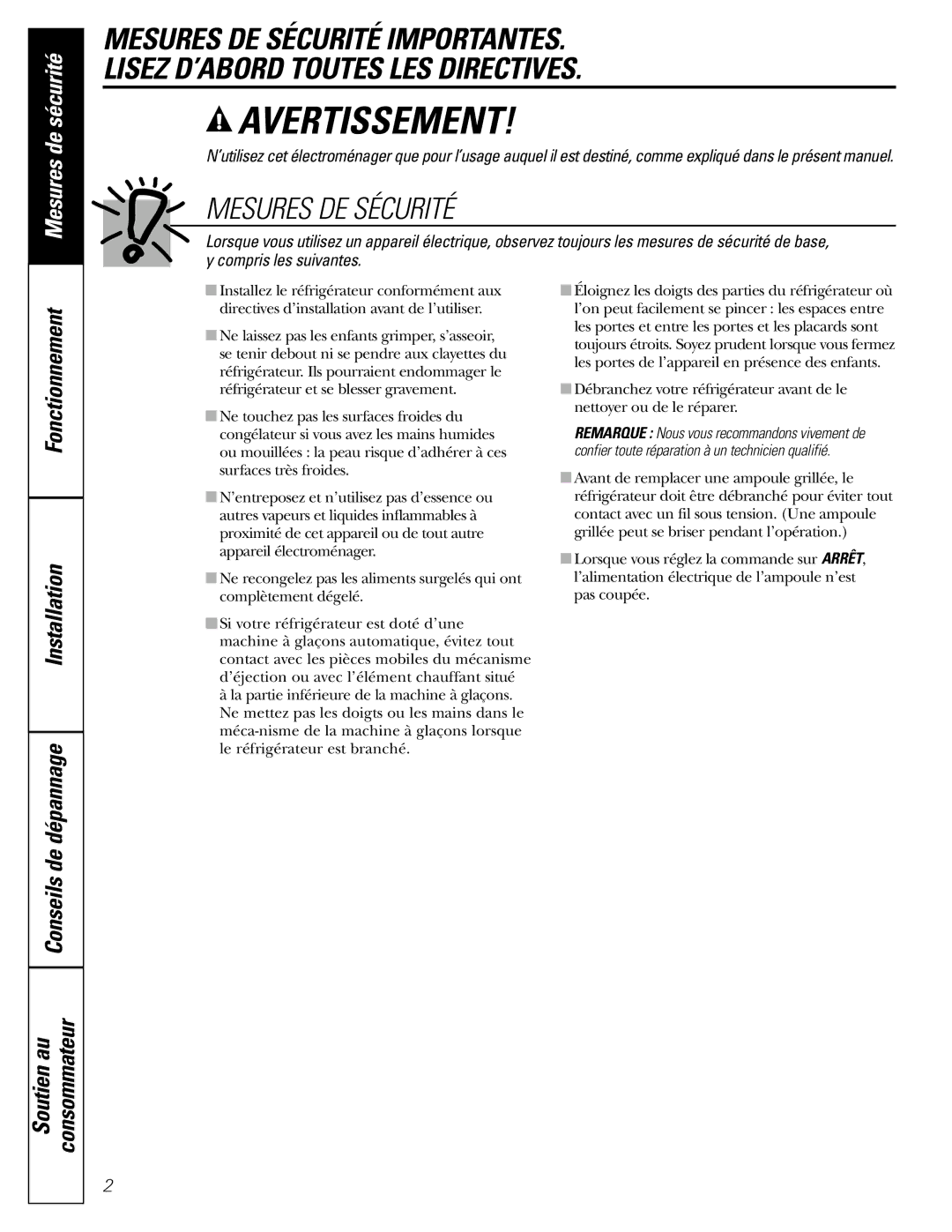 GE 18 installation instructions Avertissement, Mesures DE Sécurité 