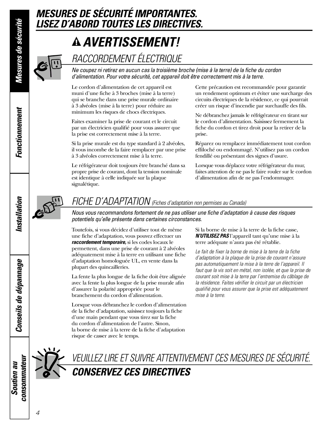 GE 18 installation instructions Raccordement Électrique, Soutien au Consommateur 