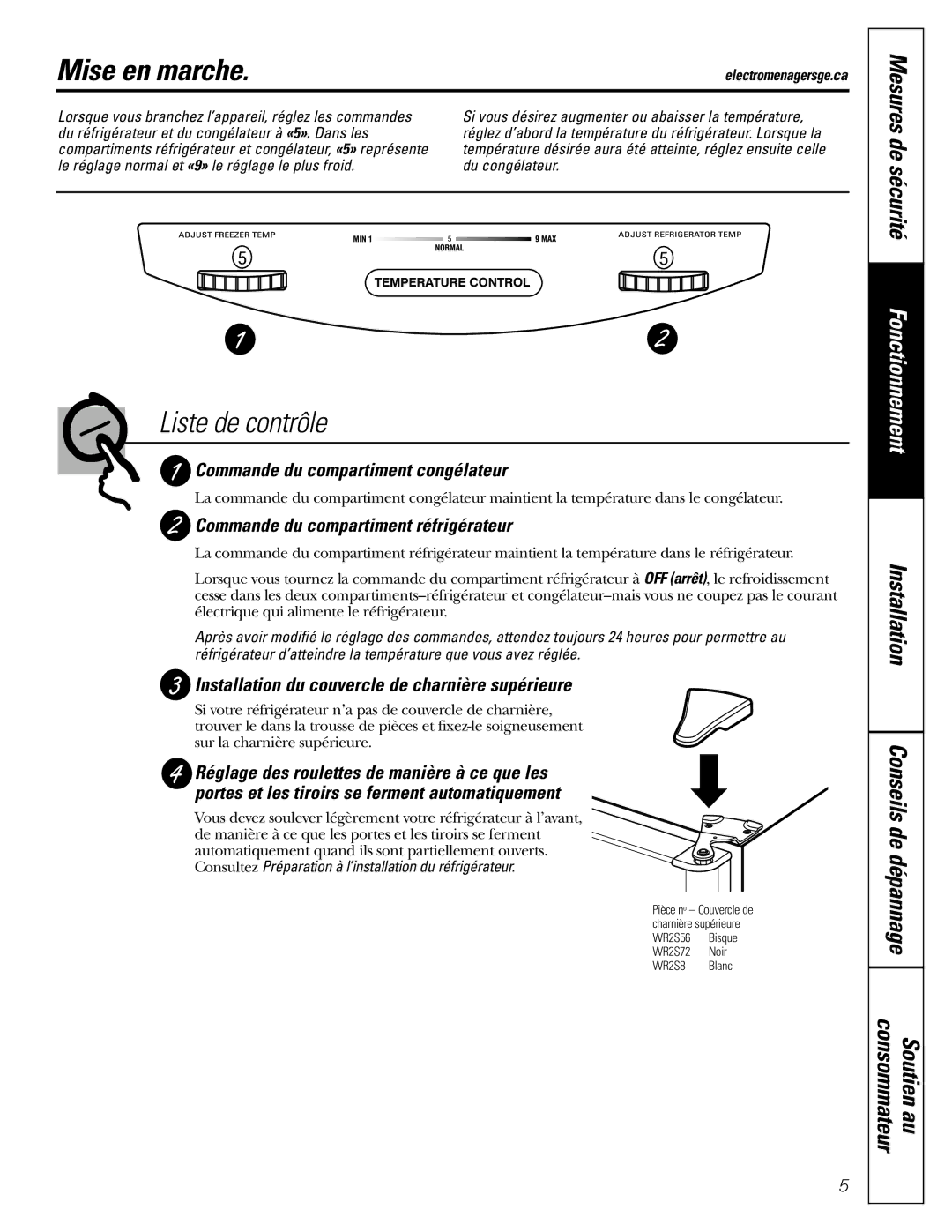 GE 18 Mise en marche, Mesures de sécurité, Commande du compartiment congélateur, Commande du compartiment réfrigérateur 