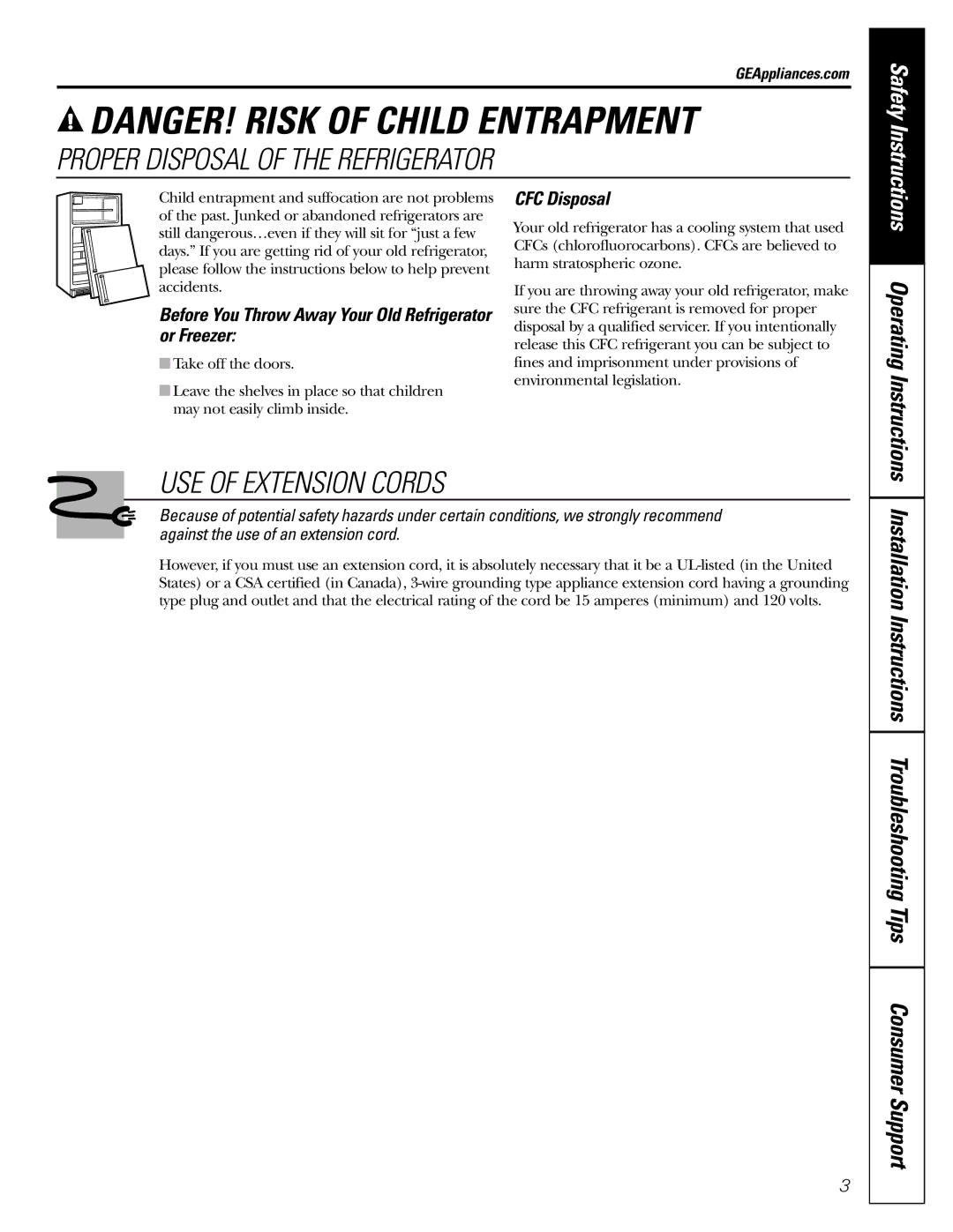 GE 18 Proper Disposal of the Refrigerator, USE of Extension Cords, Before You Throw Away Your Old Refrigerator or Freezer 