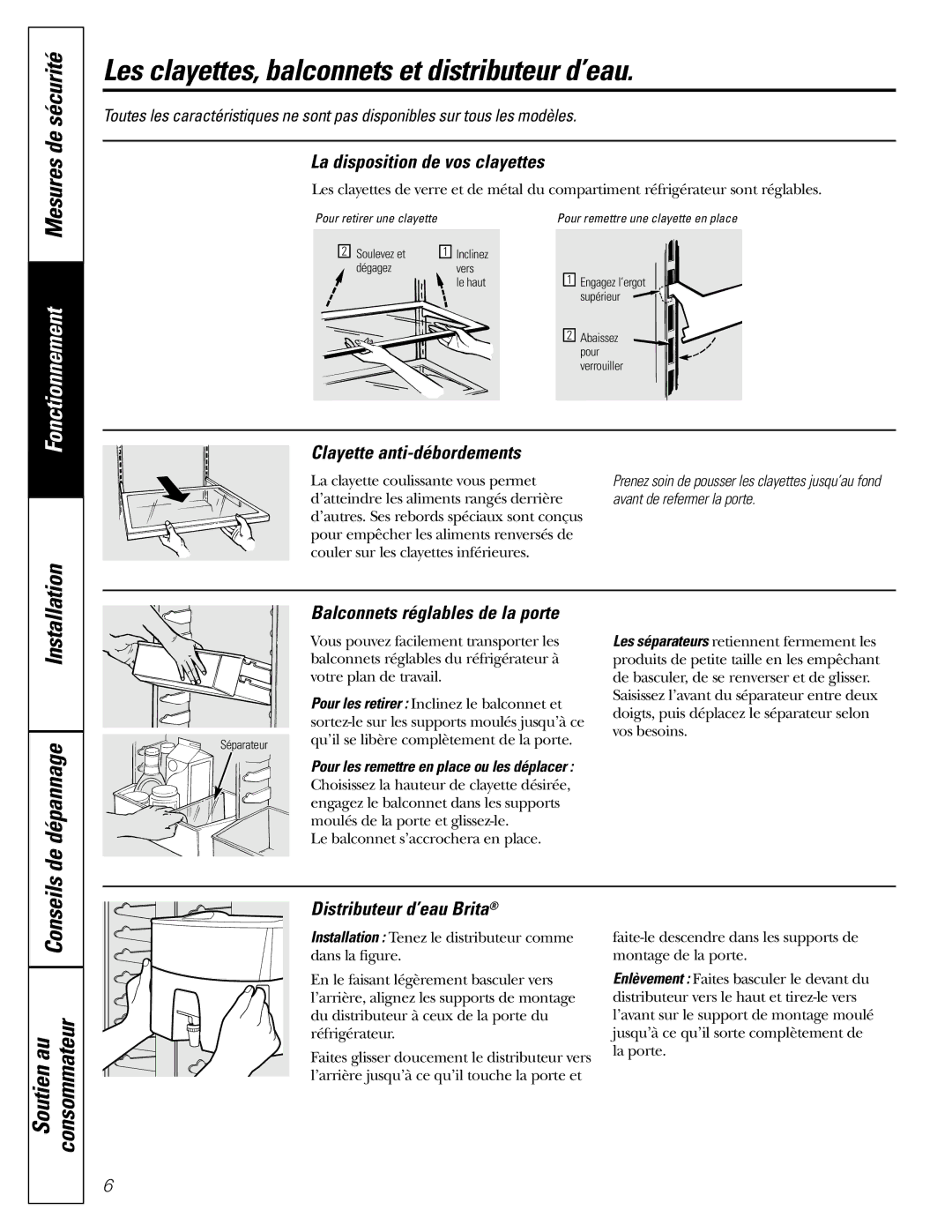 GE 18 installation instructions Les clayettes, balconnets et distributeur d’eau, De dépannage, Installation, Conseils 