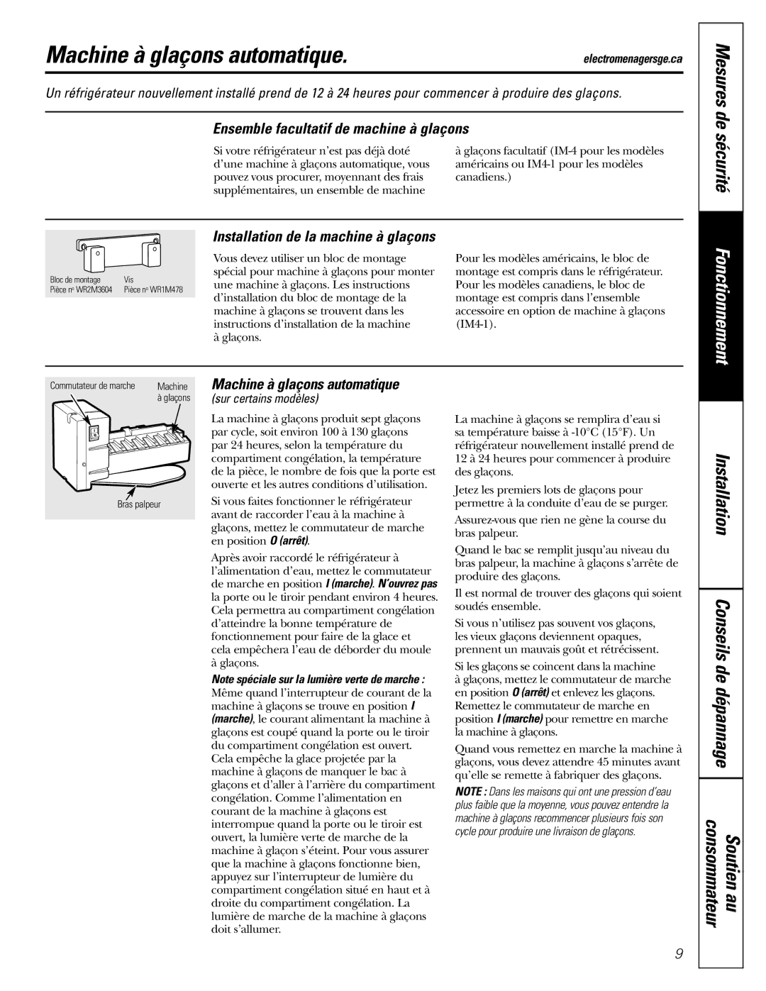 GE 18 Machine à glaçons automatique, Installation Conseils de dépannage, Ensemble facultatif de machine à glaçons 