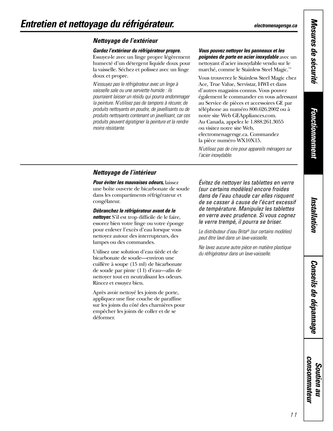 GE 18 Entretien et nettoyage du réfrigérateur, De sécurité, Nettoyage de l’extérieur, Nettoyage de l’intérieur 