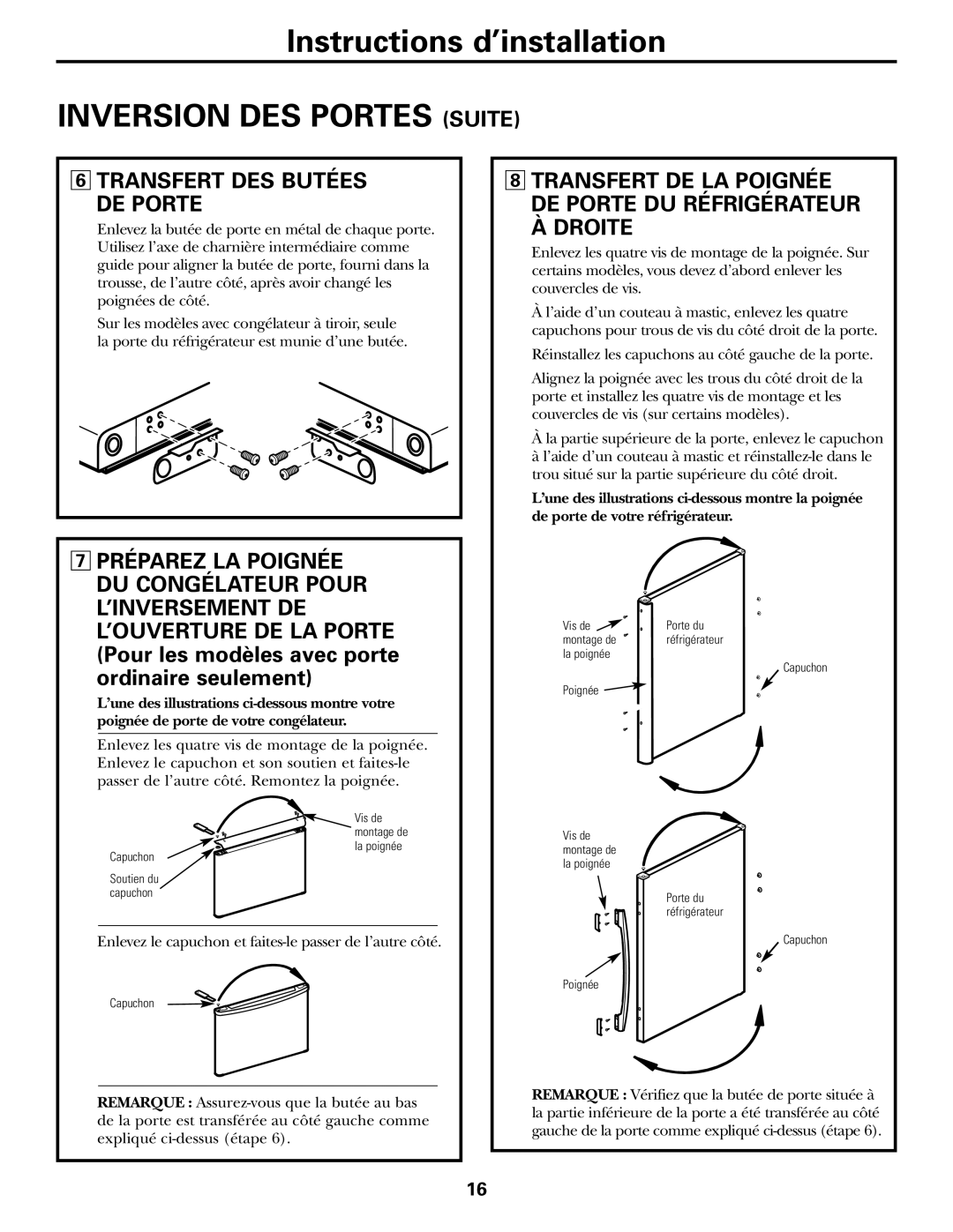 GE 18 installation instructions Transfert DES Butées DE Porte, Droite 