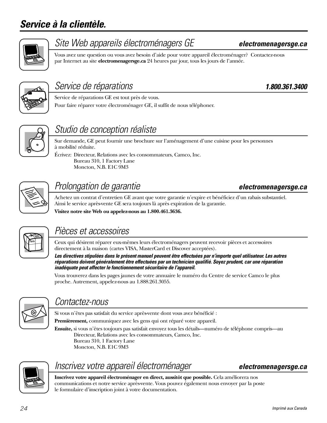 GE 18 Service de réparations, Prolongation de garantie, Inscrivez votre appareil électroménager, Electromenagersge.ca 