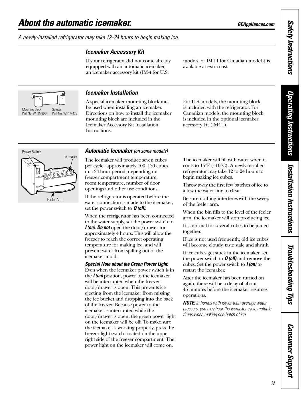 GE 18 installation instructions About the automatic icemaker, Icemaker Accessory Kit, Icemaker Installation 