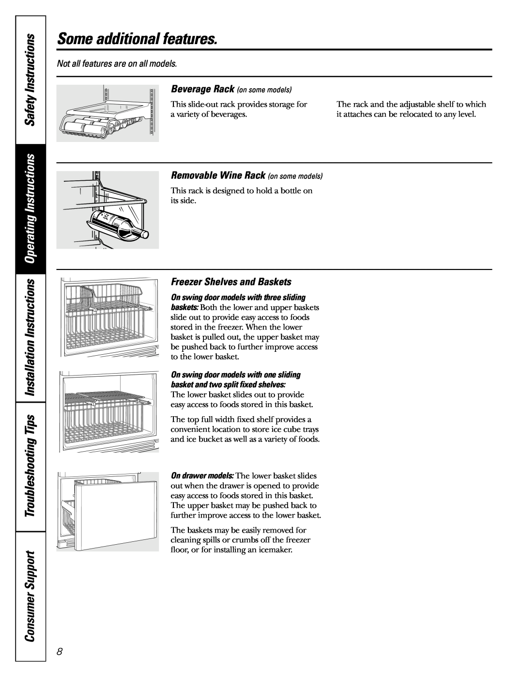 GE 18 installation instructions Some additional features, Removable Wine Rack on some models, Freezer Shelves and Baskets 