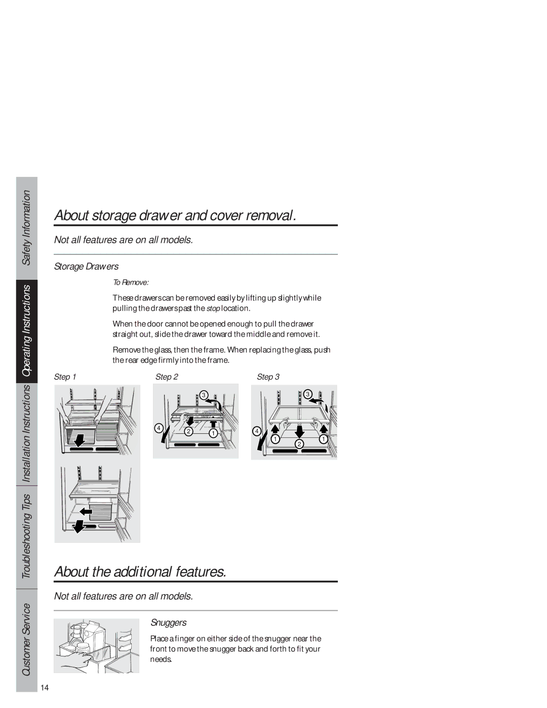 GE 1825 owner manual About the additional features, Storage Drawers, Snuggers, To Remove 