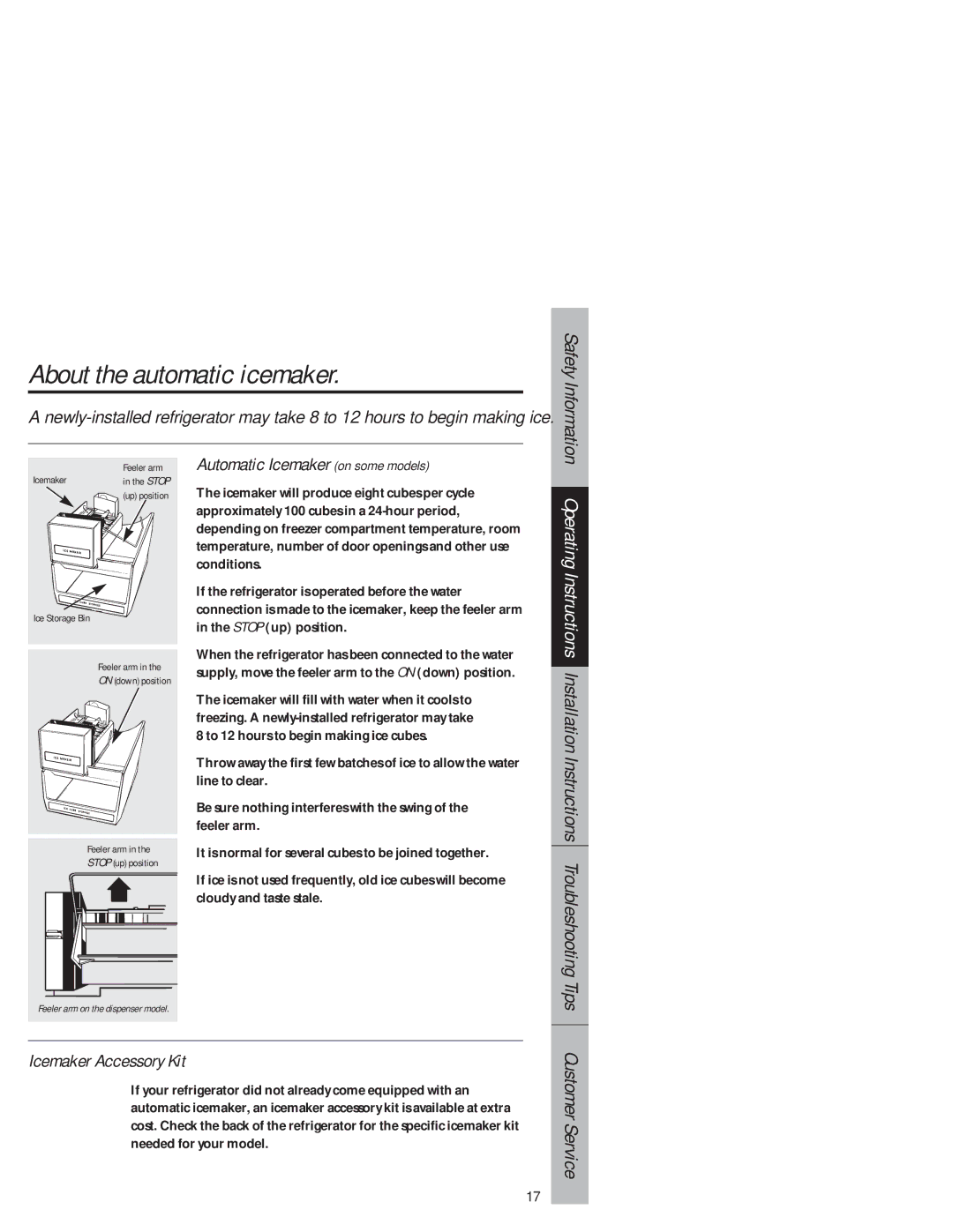 GE 1825 owner manual About the automatic icemaker, Automatic Icemaker on some models, Icemaker Accessory Kit 