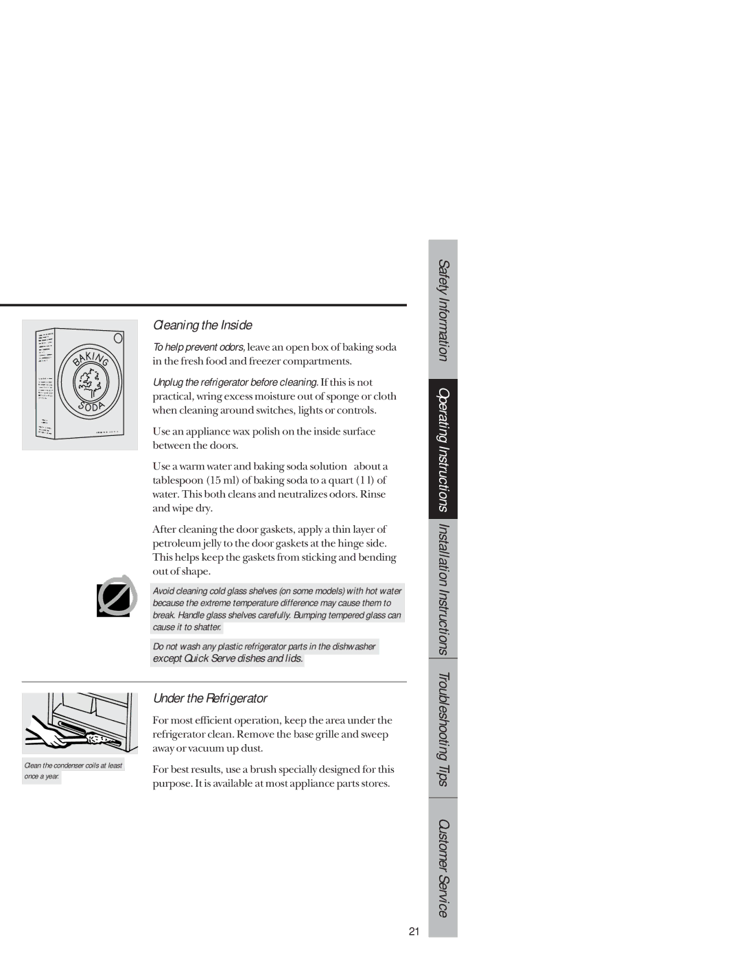 GE 1825 owner manual Cleaning the Inside, Under the Refrigerator, Troubleshooting Tips Customer Service 