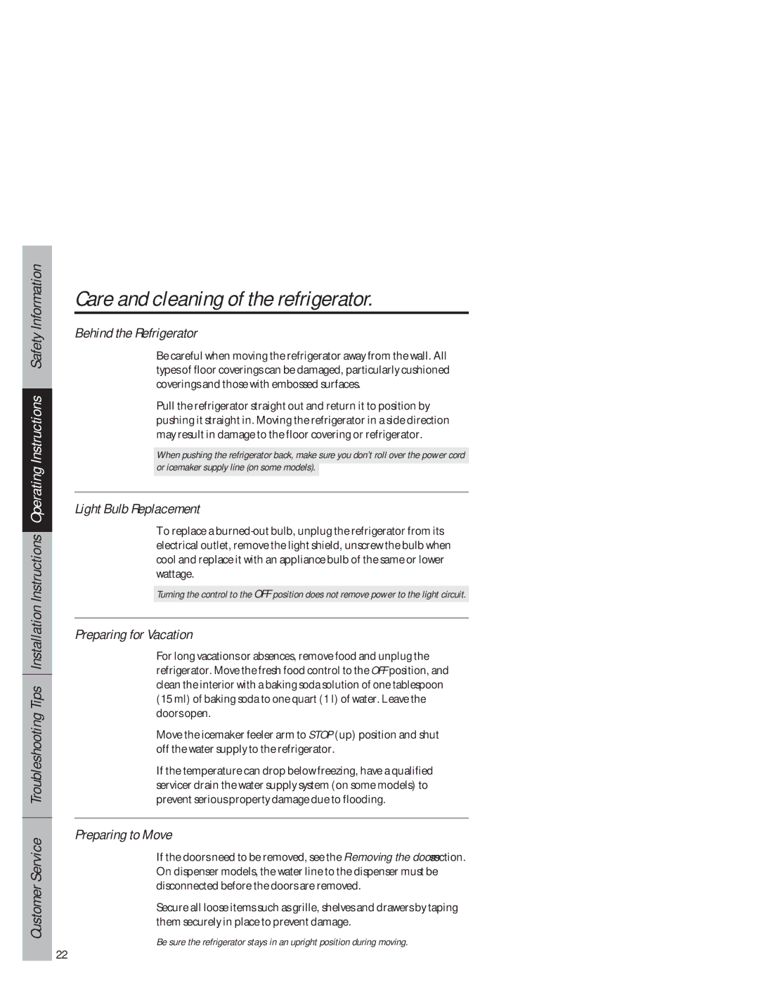 GE 1825 owner manual Behind the Refrigerator, Light Bulb Replacement, Preparing for Vacation, Preparing to Move 