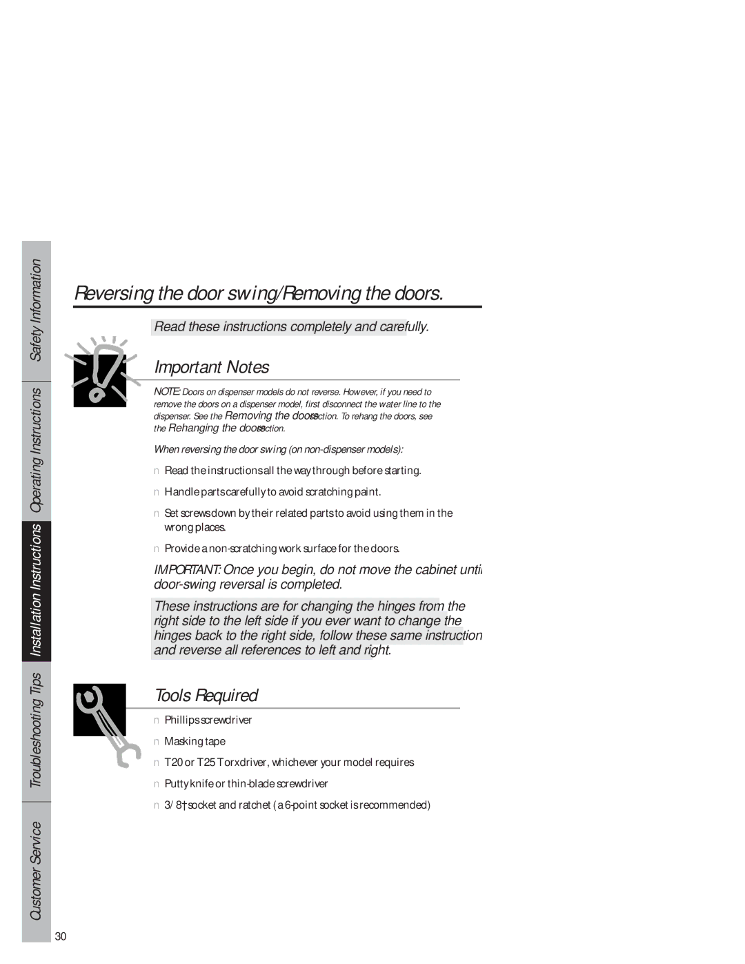 GE 1825 owner manual Important Notes, Tools Required, When reversing the door swing on non-dispenser models 