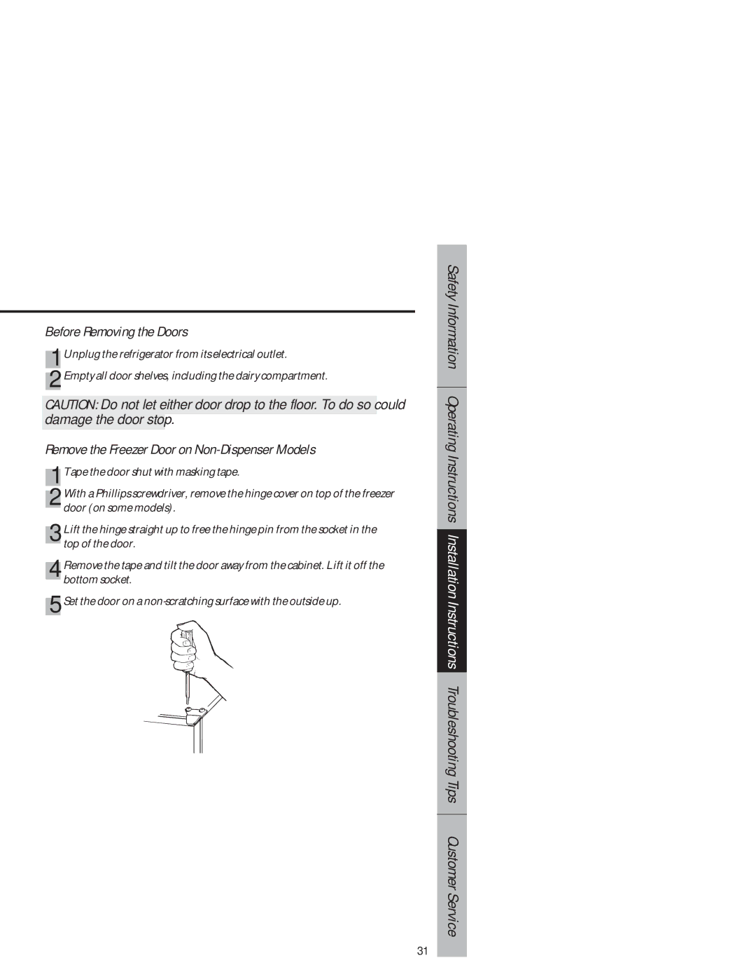 GE 1825 owner manual Before Removing the Doors, Remove the Freezer Door on Non-Dispenser Models 