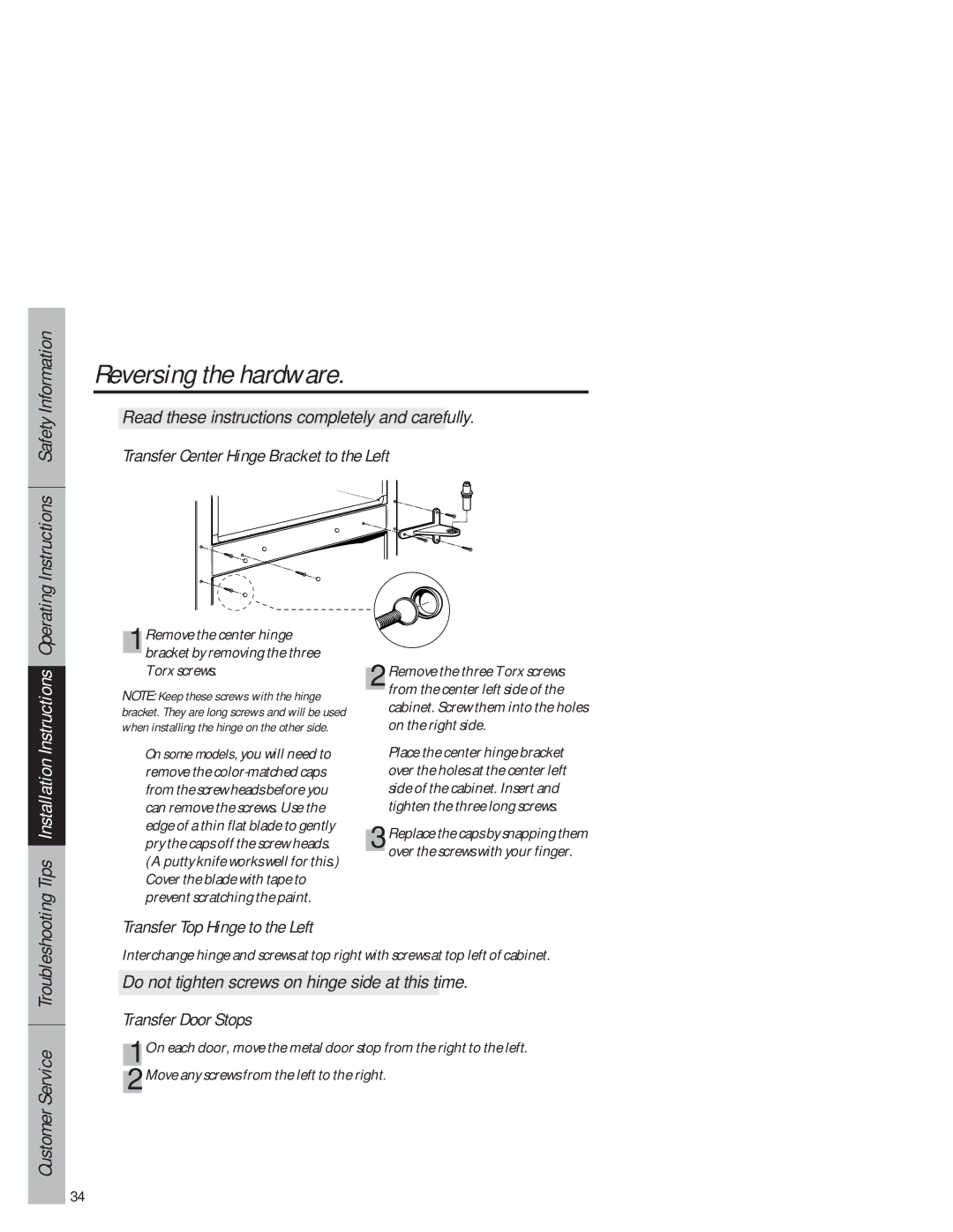 GE 1825 Operating Instructions Safety Information, Transfer Center Hinge Bracket to the Left, Transfer Door Stops 