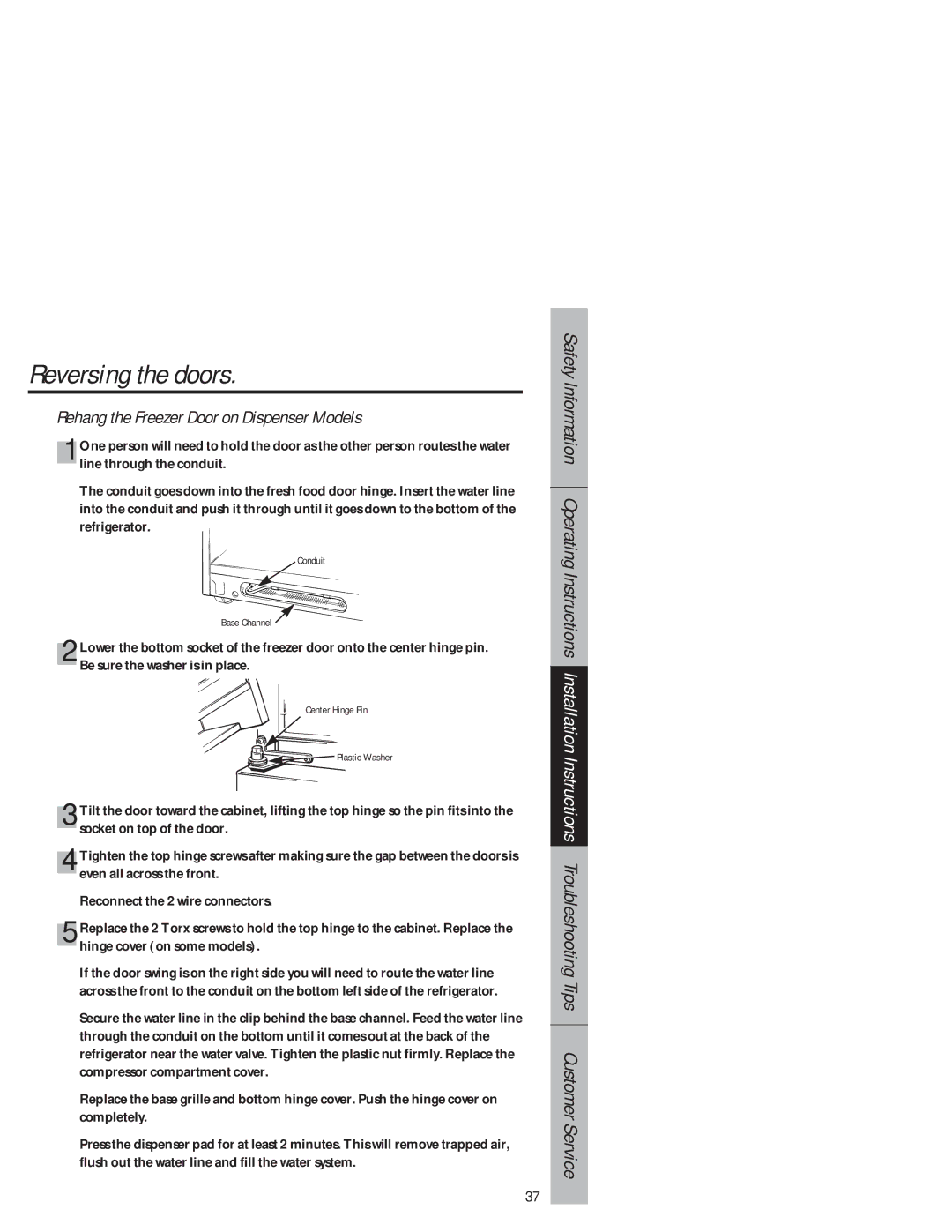 GE 1825 owner manual Reversing the doors, Rehang the Freezer Door on Dispenser Models 