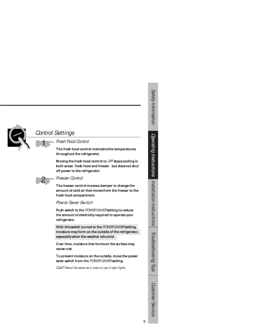 GE 1825 owner manual Control Settings, Power Saver Switch 