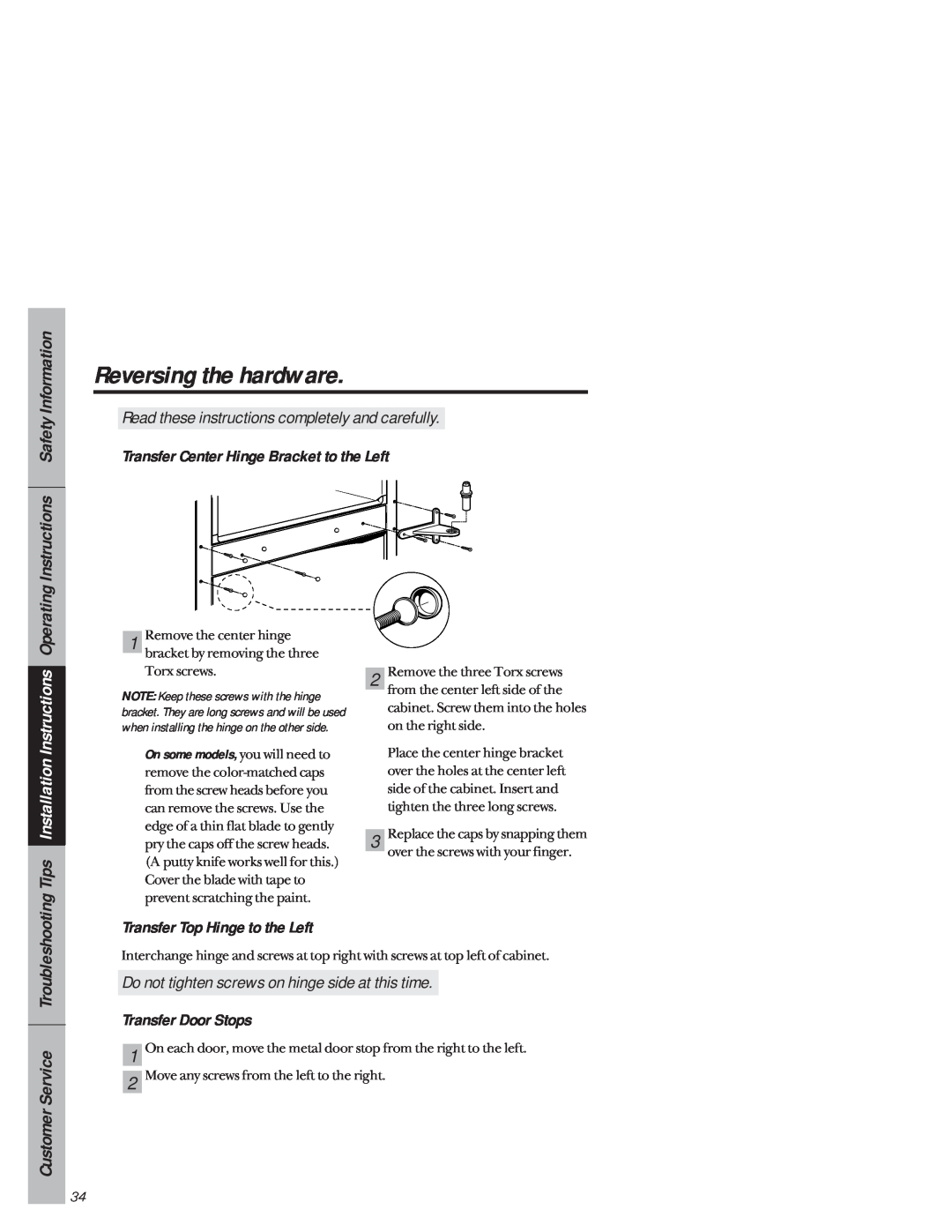 GE 1825 Tips Installation Instructions, Operating Instructions Safety Information, Transfer Top Hinge to the Left 