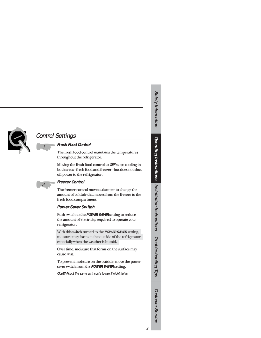 GE 1825 owner manual Control Settings, Power Saver Switch 